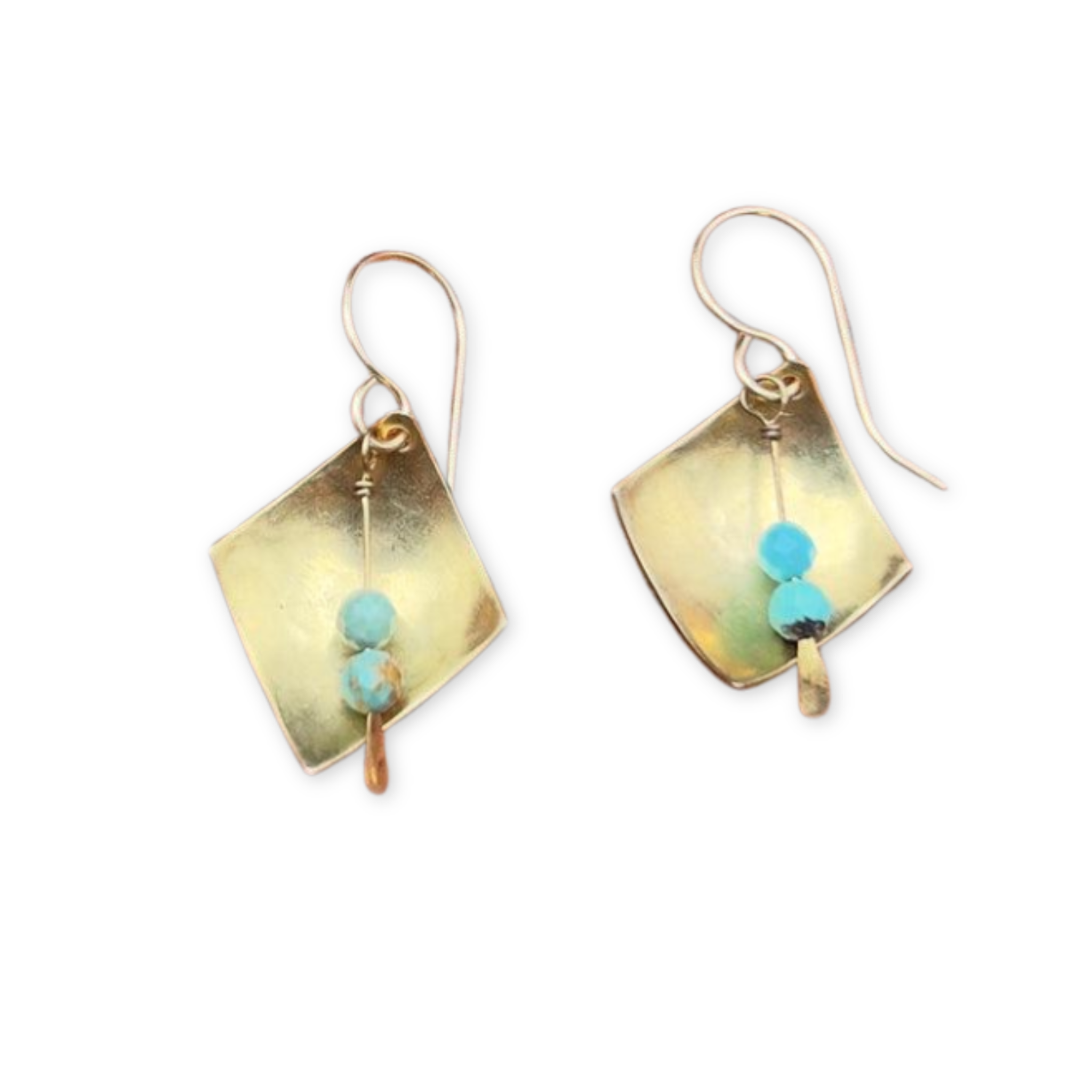 earrings featuring hammered diamond shaped pendants with two turquoise stones