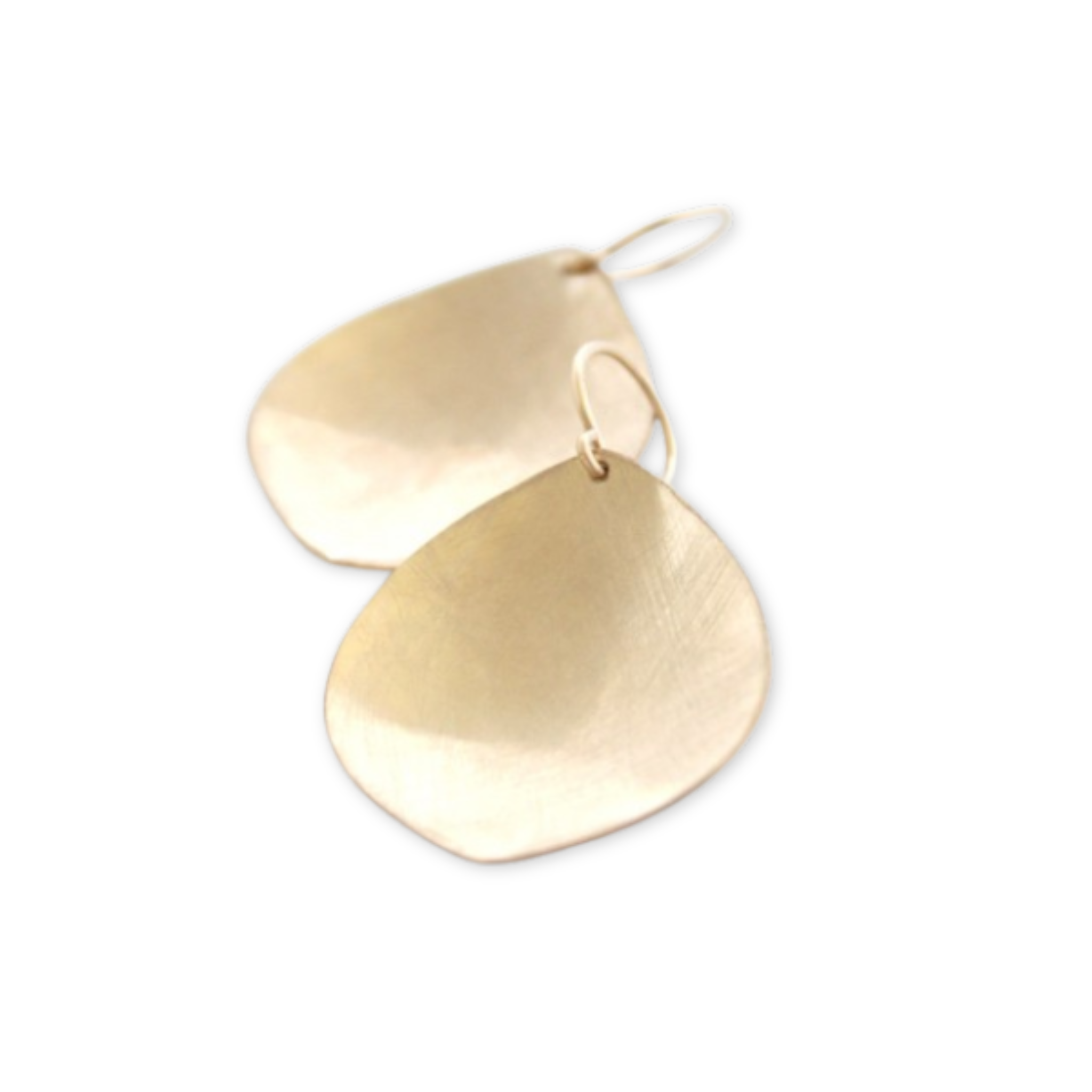 a pair of gold earrings with an organic leaf shape