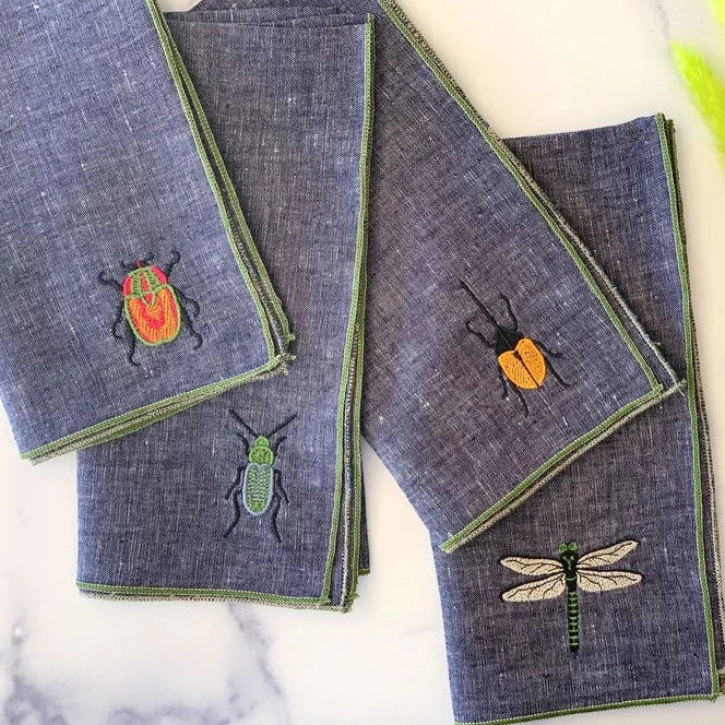 Insect Embroidery Linen Chambray Cloth Napkins