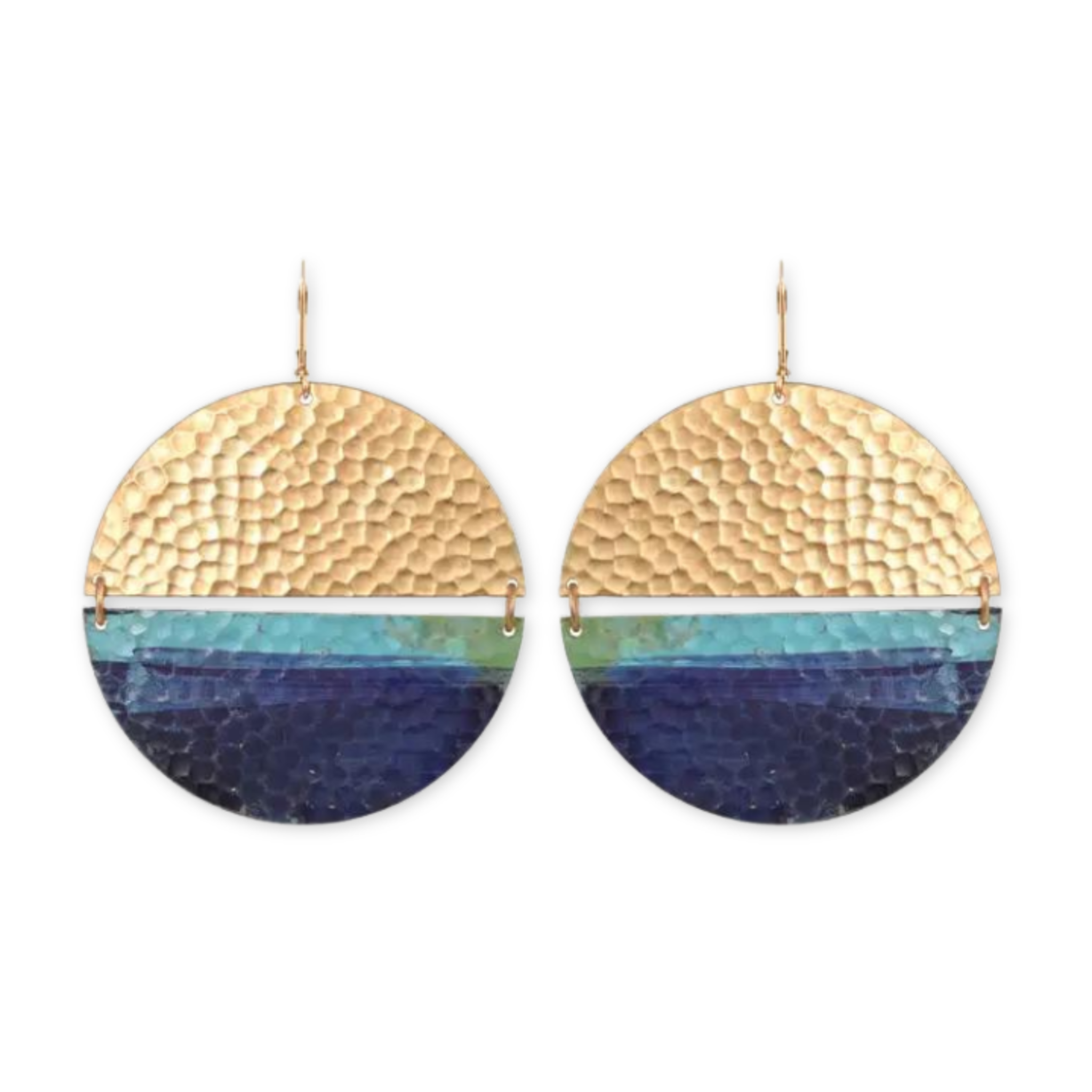 hammered brass earrings made of two half discs with one half brass and one half patina and blue