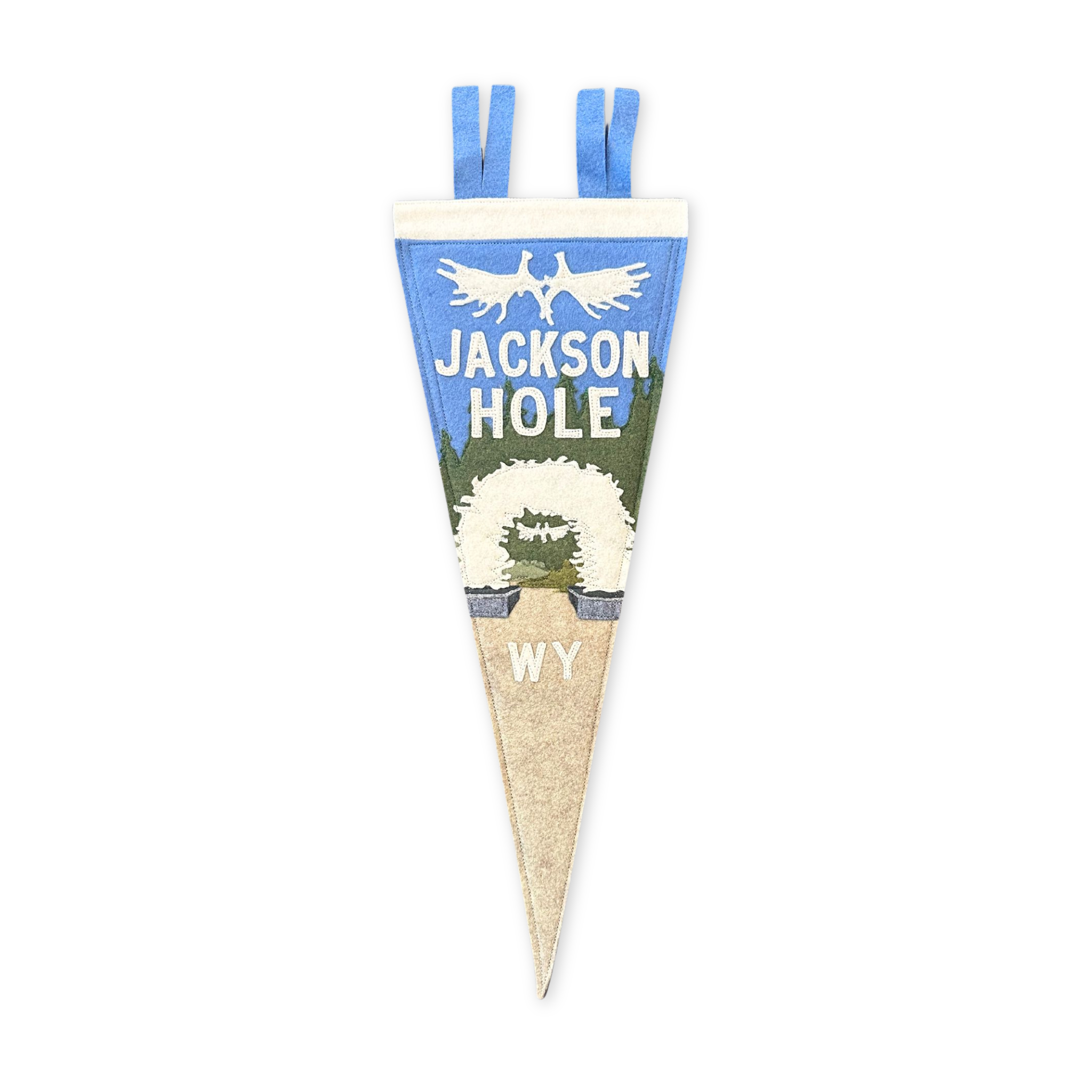 stitched felt pennant featuring the antler arch in jackson hole wyoming