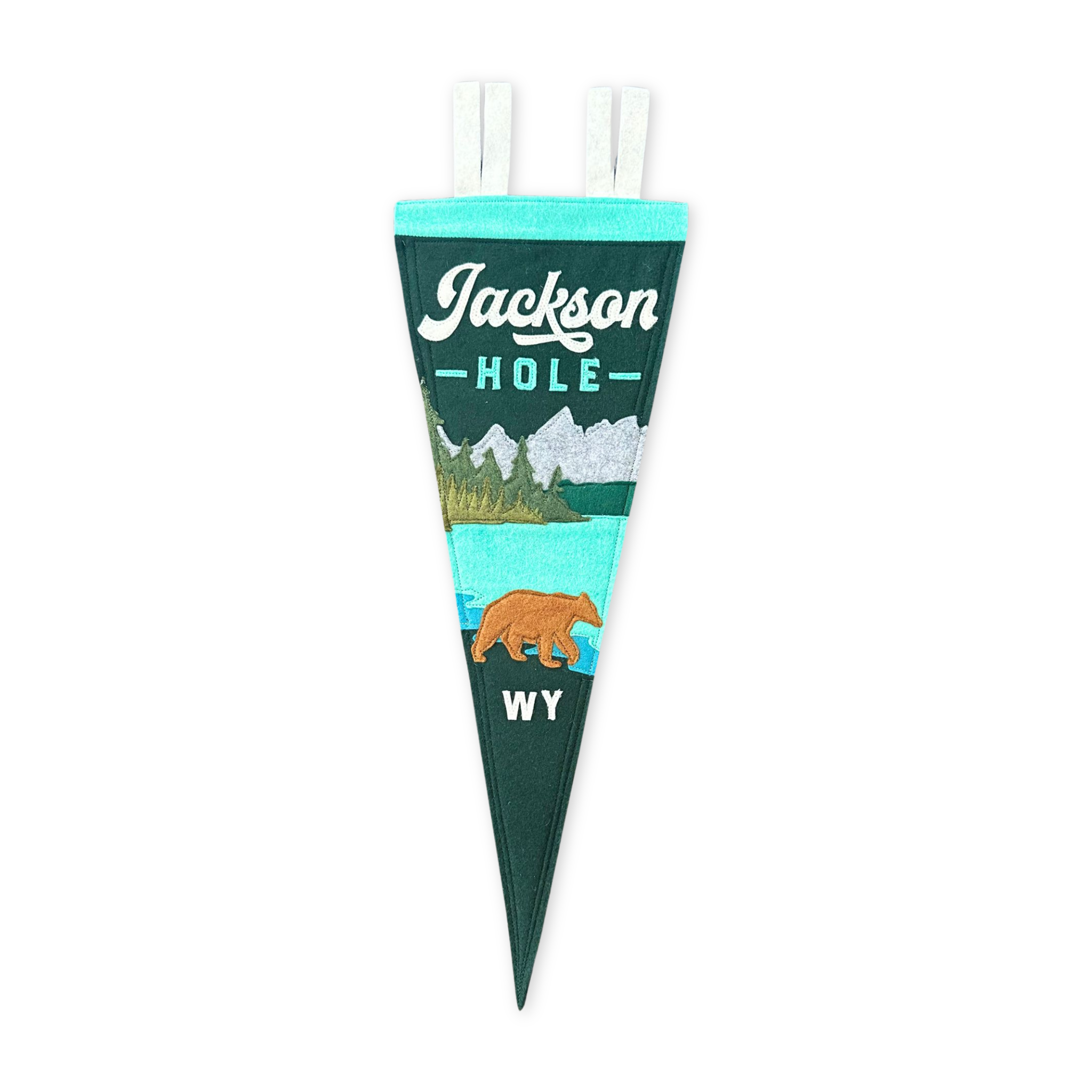 stitched felt pennant featuring the teton mountain range and a bear
