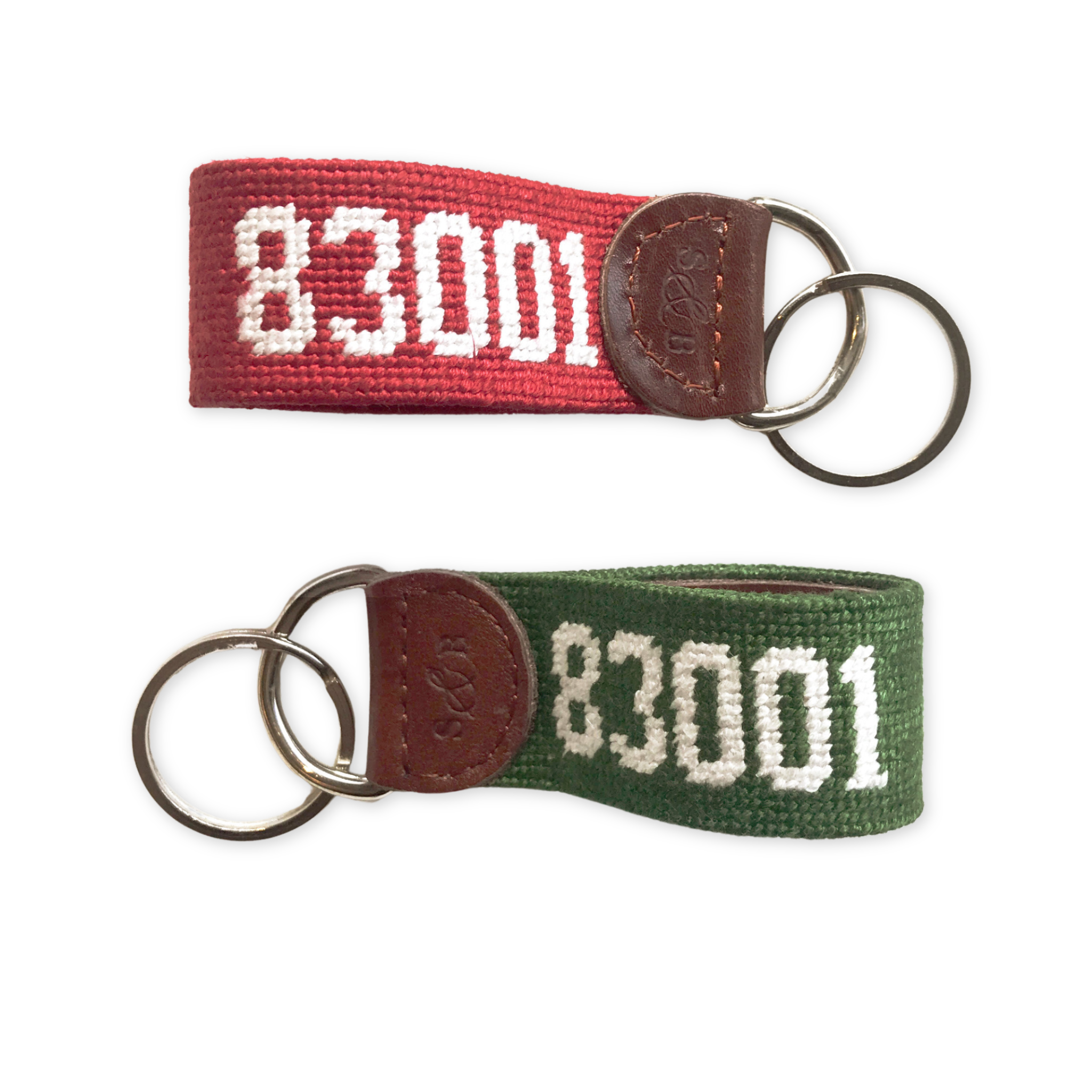 hand stitched needlepoint key fob with jackson wyoming zip code design