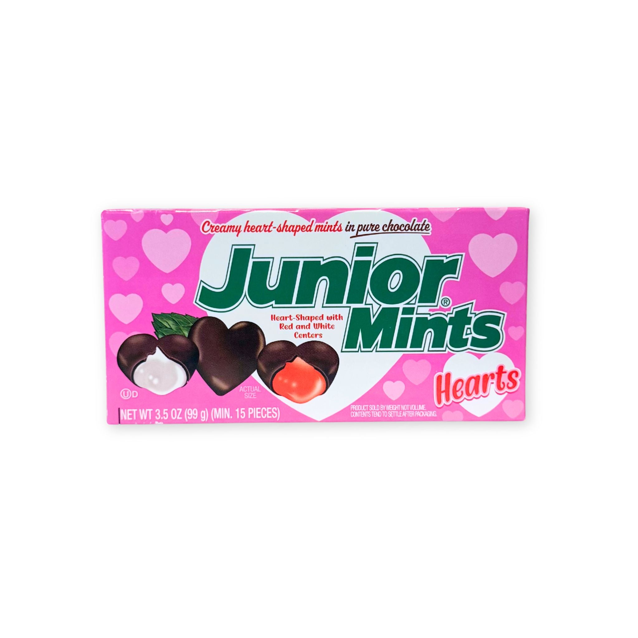 Box of junior mints heart candy with red and white centers.