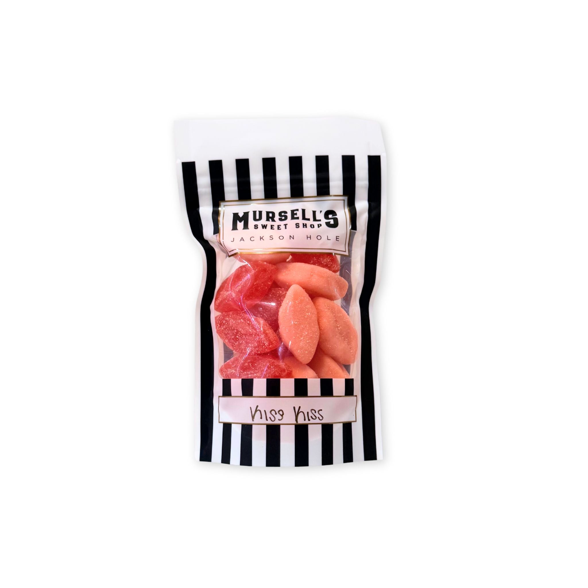 A bag of gummi lips in the flavors of strawberry and cherry.