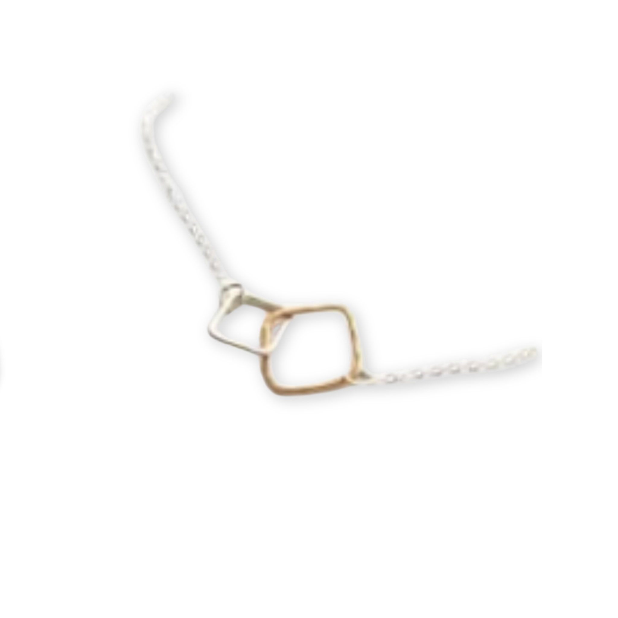 two interlocked hammered square pendants suspended from a small tiny necklace chain
