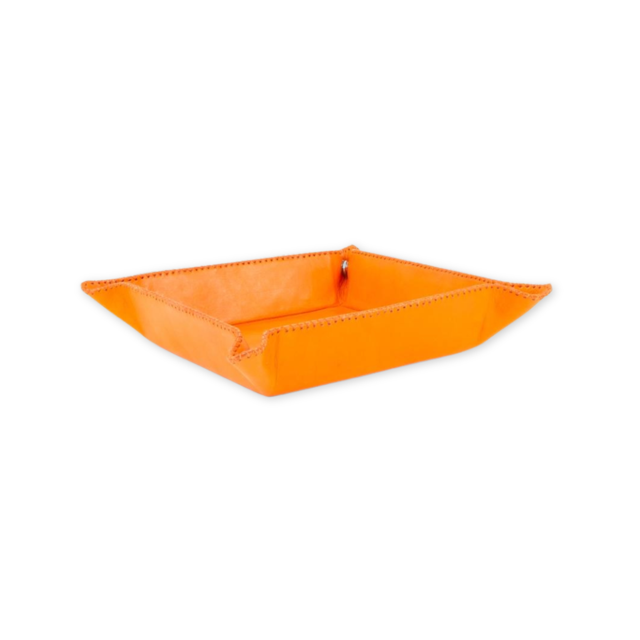handmade orange leather catch all tray with stitched edges and snapped corners