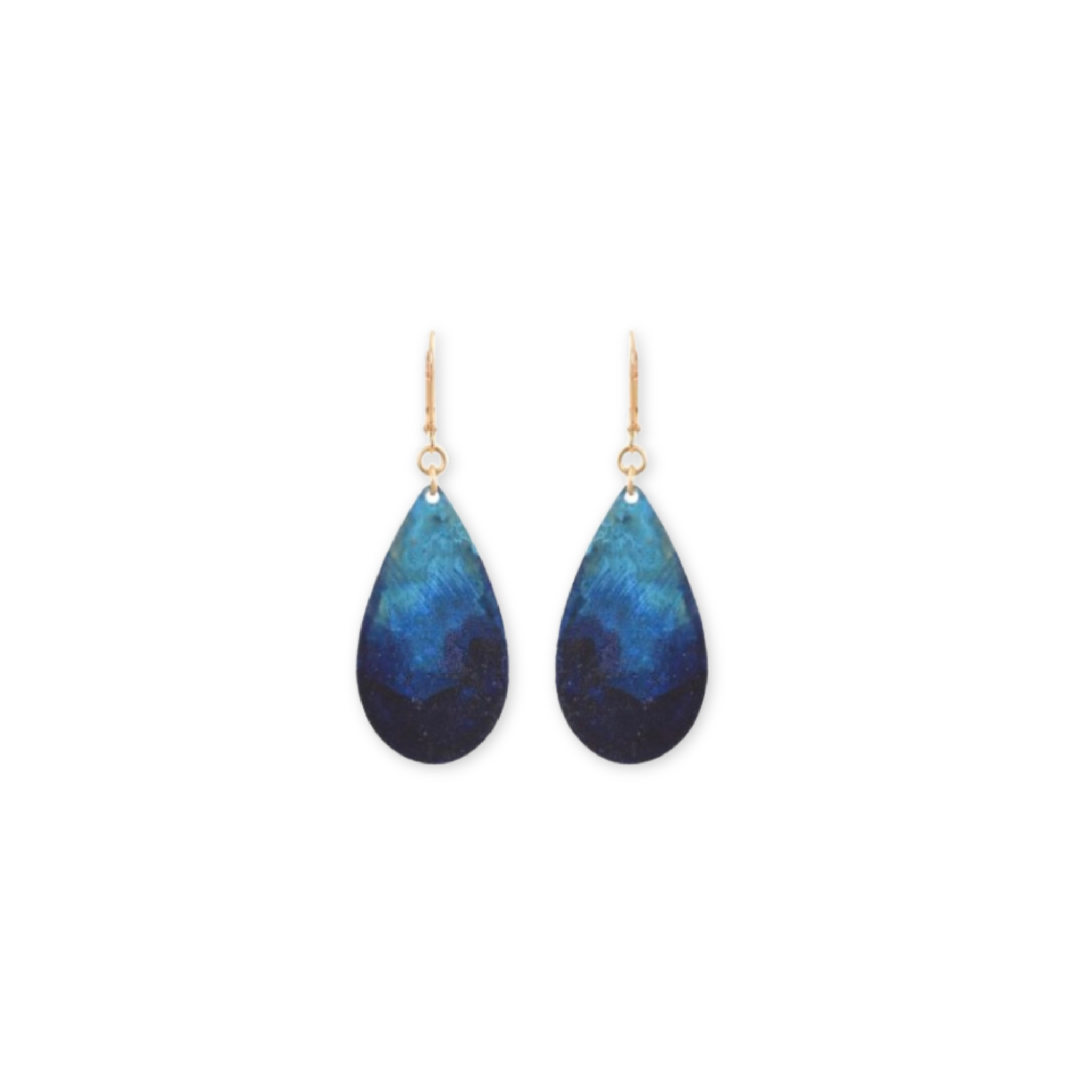 small teardrop earrings with blue pigment and natural patina