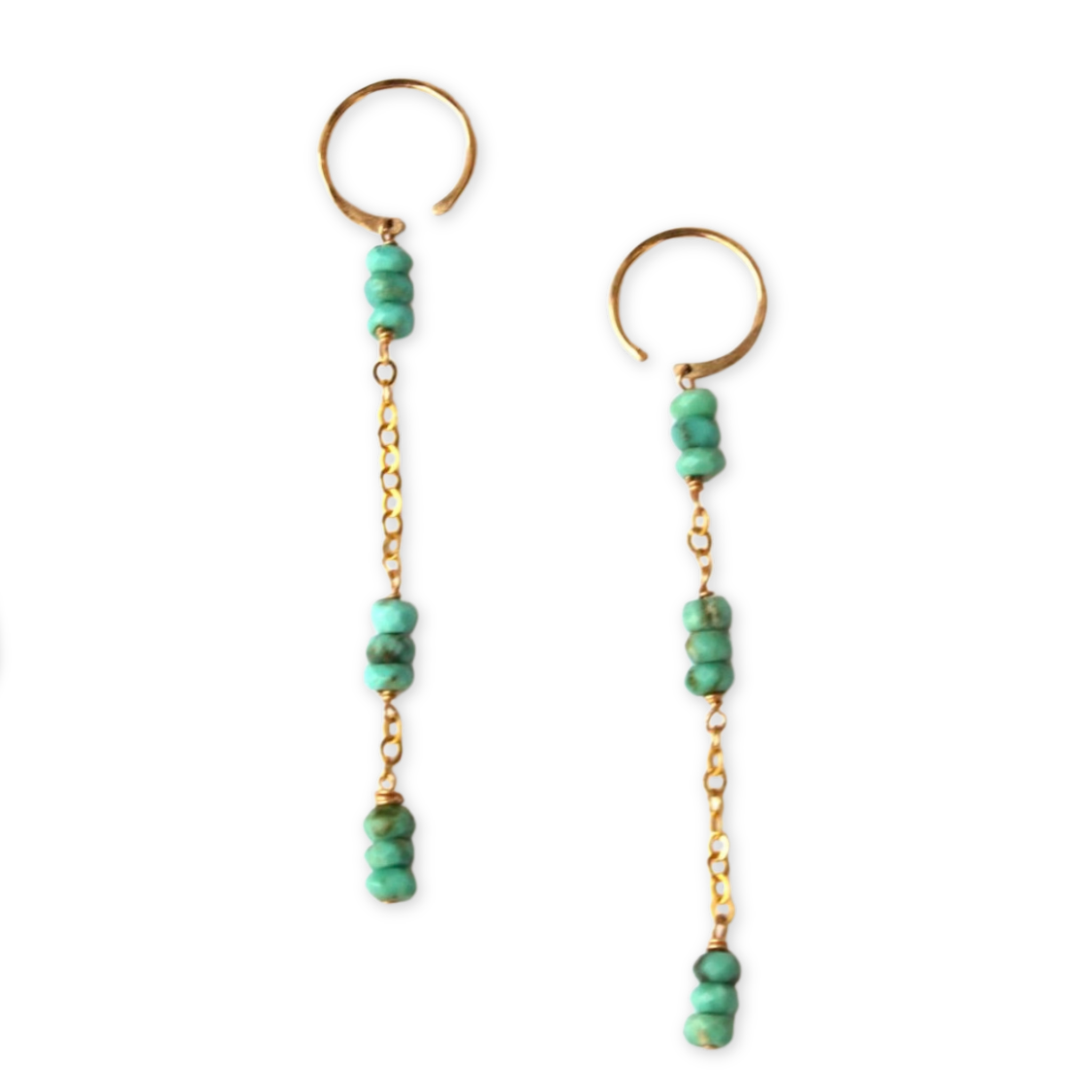 lobe hugger earrings with dangling chains and asymmetrical groups of turquoise stones