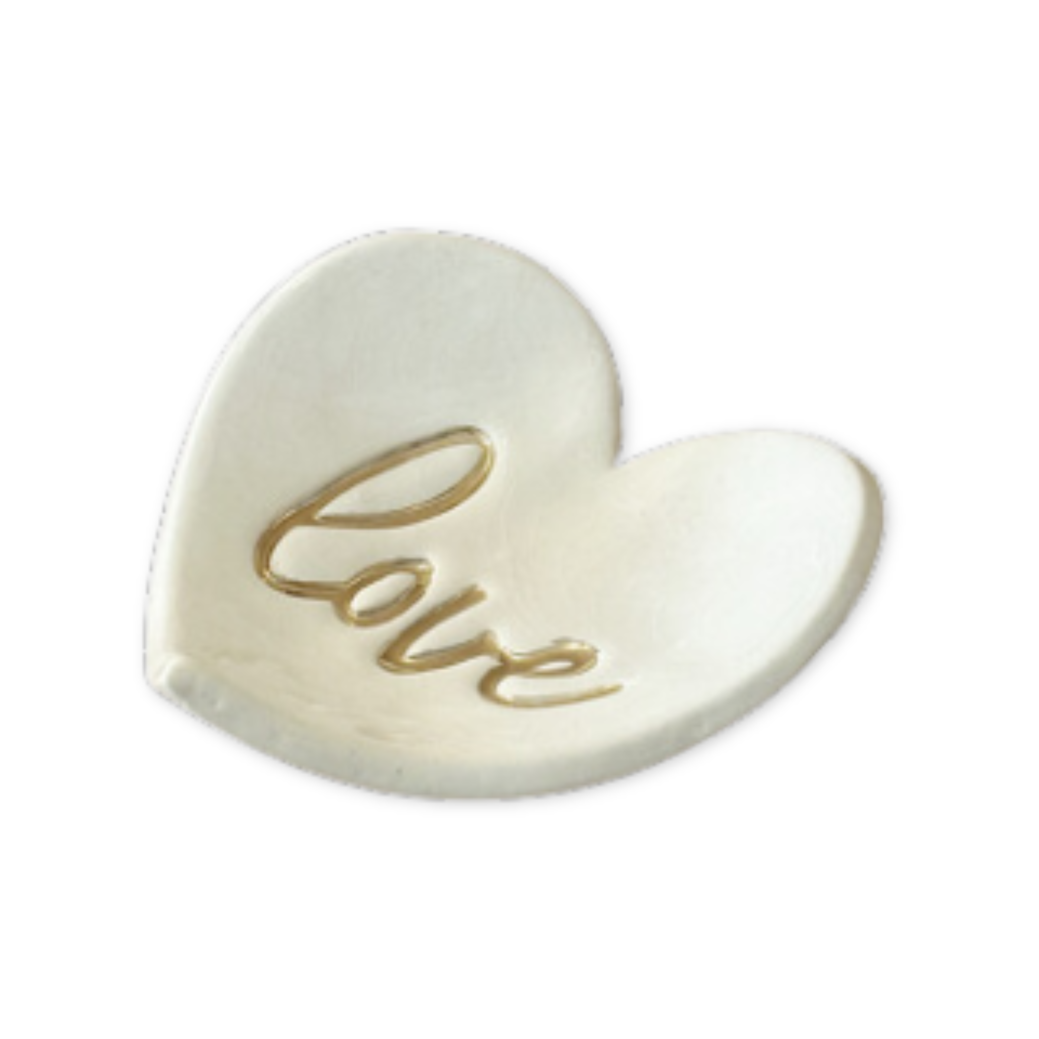 ceramic heart shaped ring dish with the word love stamped on it