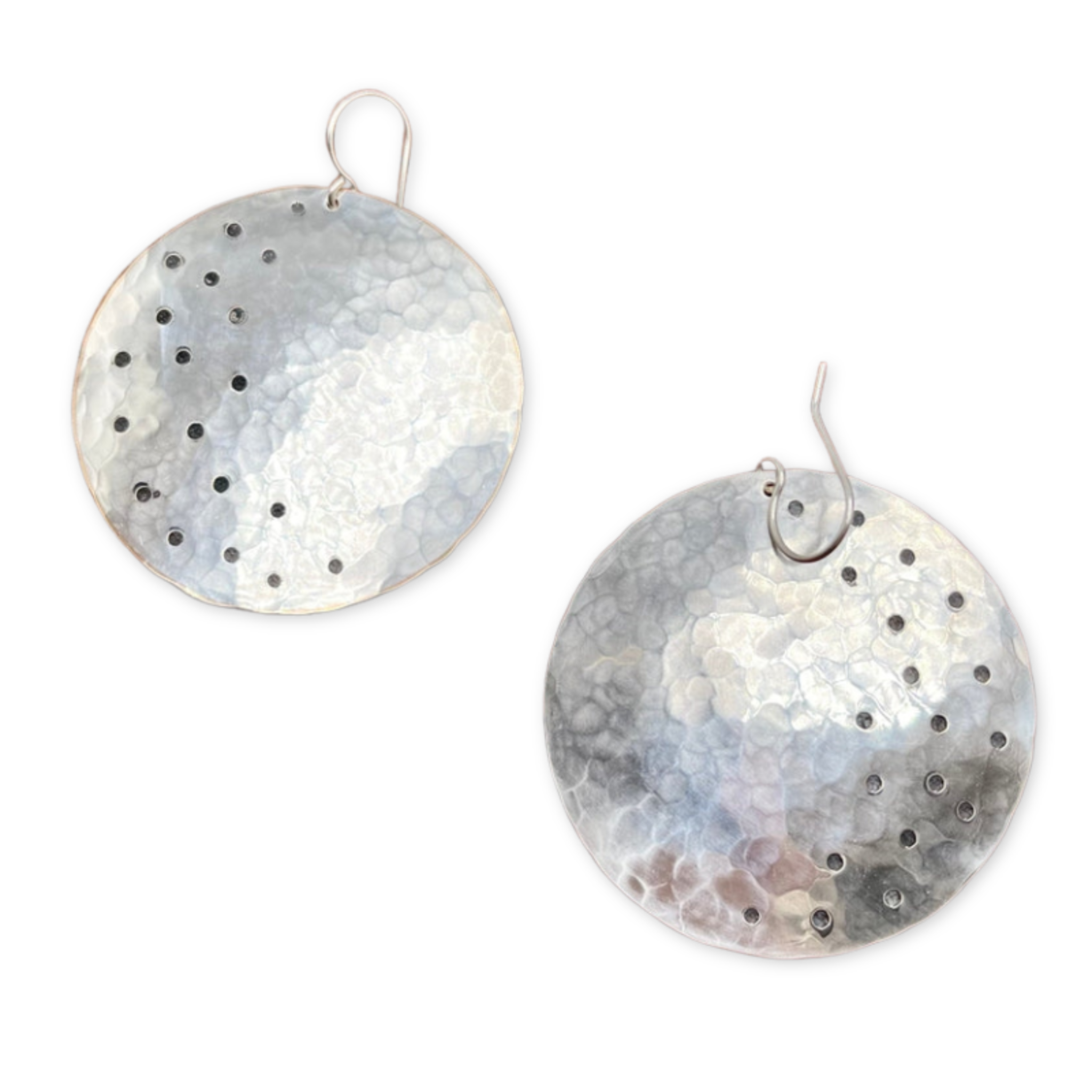 large hammered round disc earrings with black oxidized polka dot design