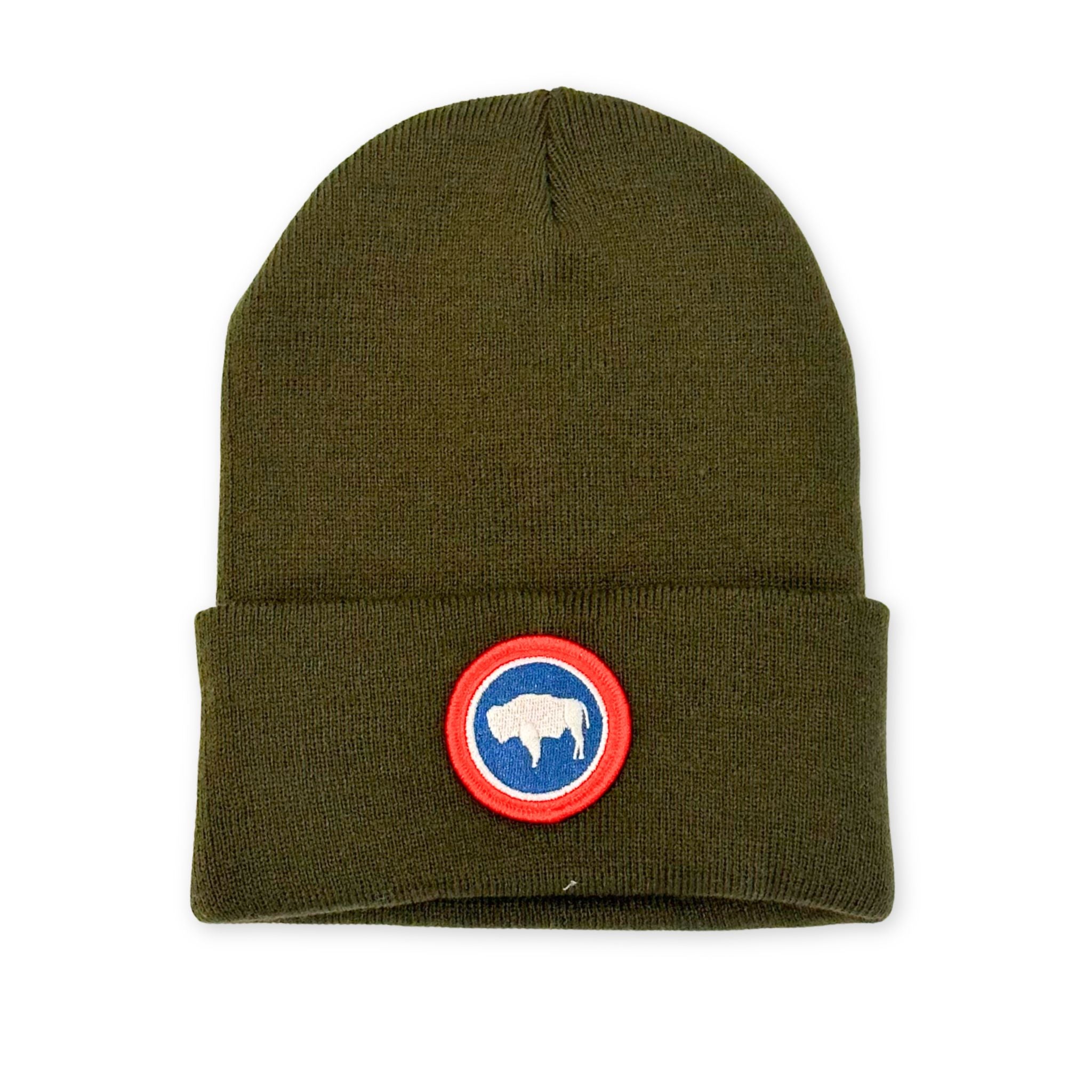 Army green beanie with small circle Wyoming flag.
