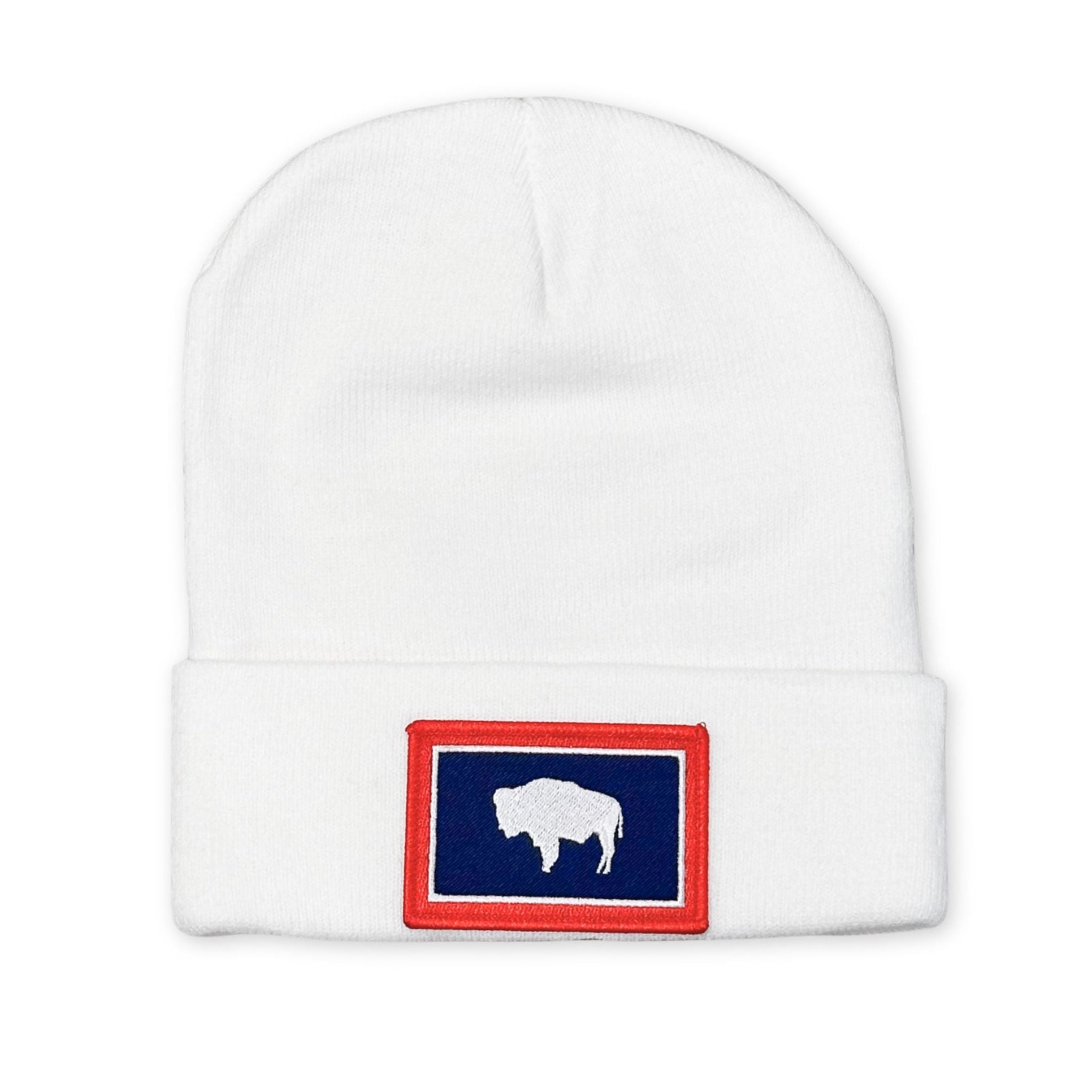 White beanie with red, white, and blue Wyoming flag square patch.