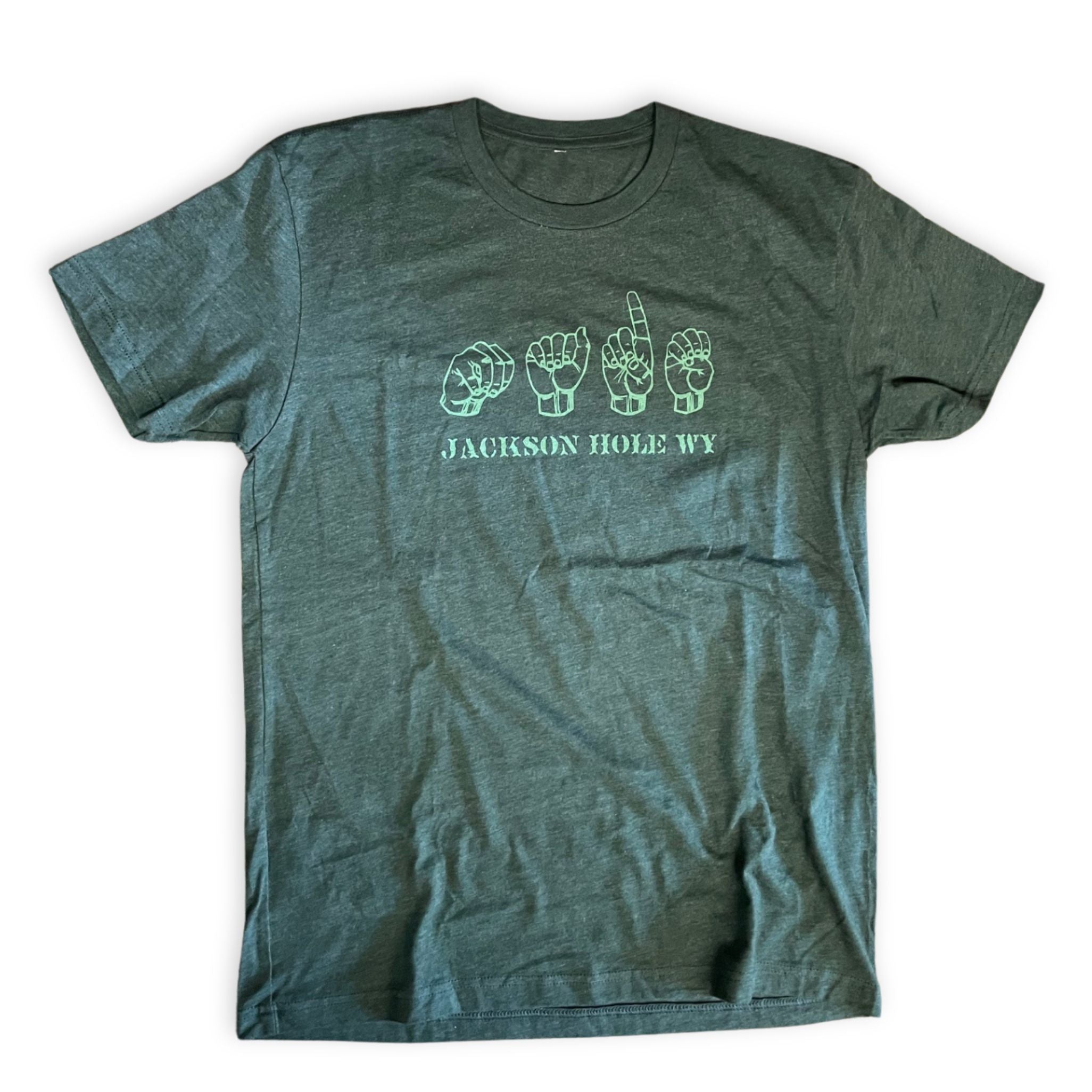 Green Shirt with ASL letters in lighter green print spelling MADE