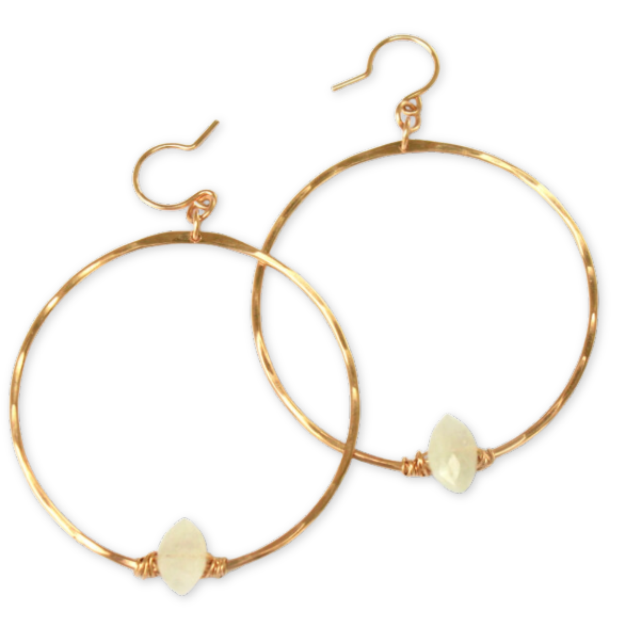 hammered lightweight hoop earrings hanging from ear wire and decorated with a wired on moonstone