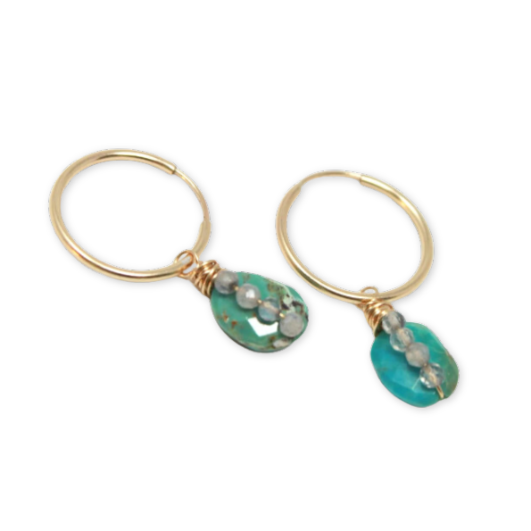 small hoops with turquoise and 4 small faceted labradorite stones