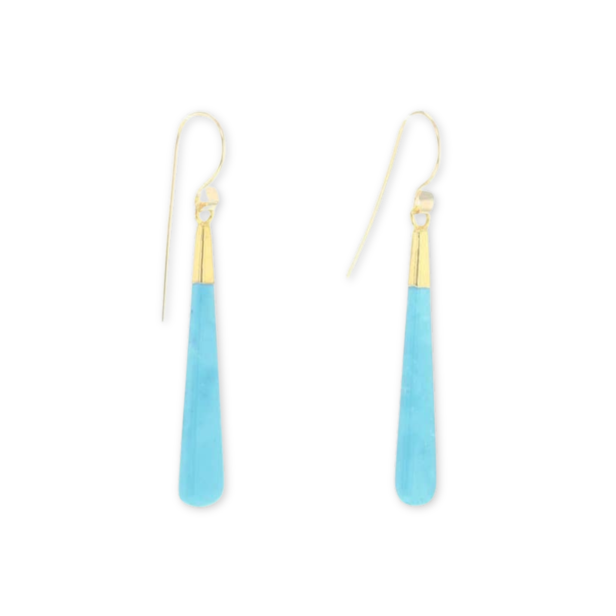 a pair of earrings with long turquoise stones