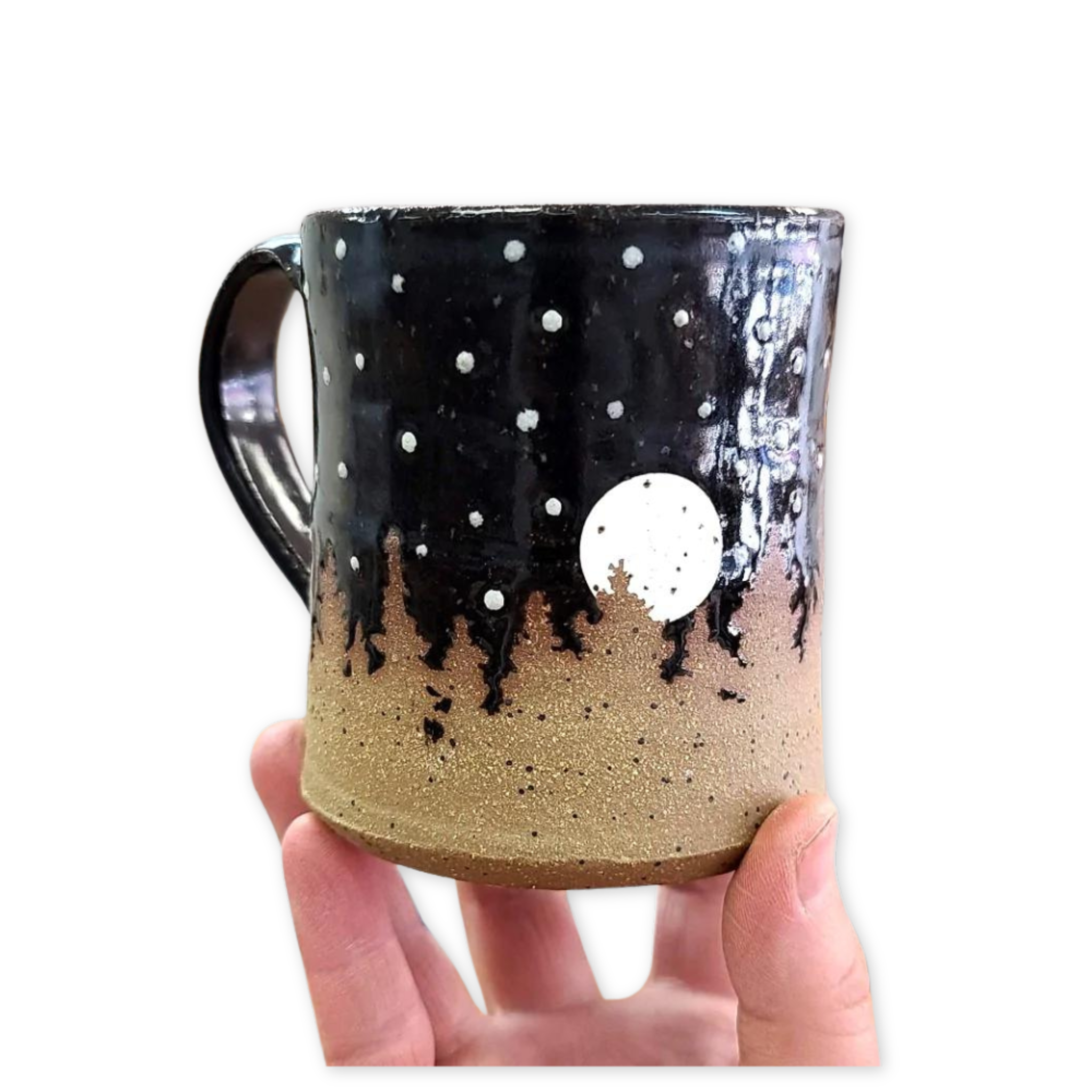 ceramic mug with a full moon and night sky layered with sandblasted pine trees
