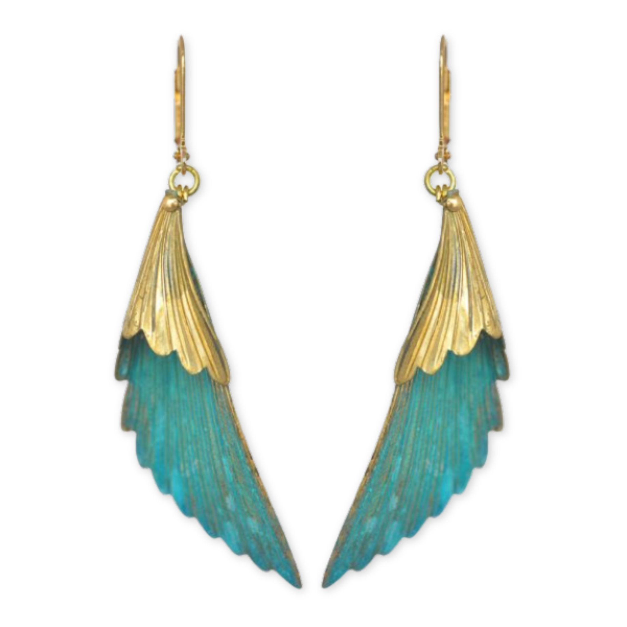 gold and patina earrings in the shape of gentle wings