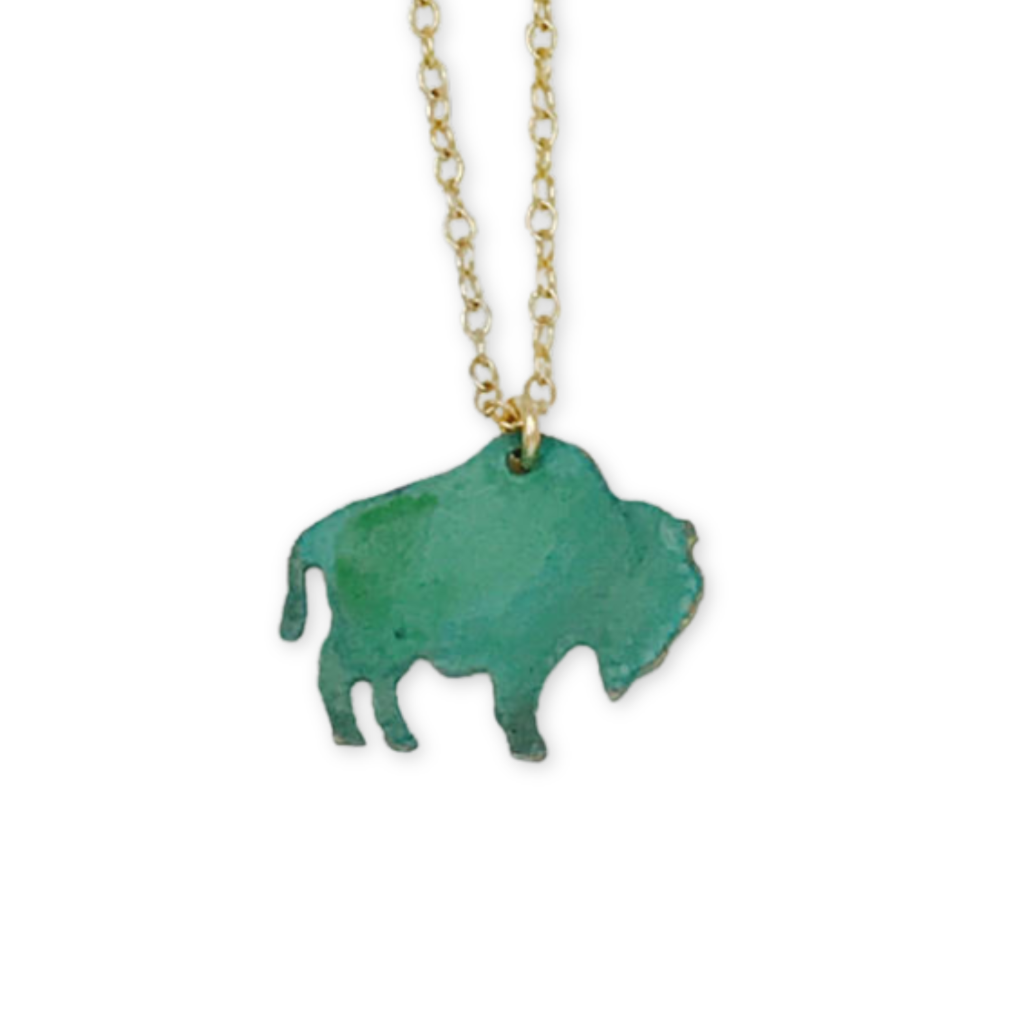 gold necklace with a patina bison charm
