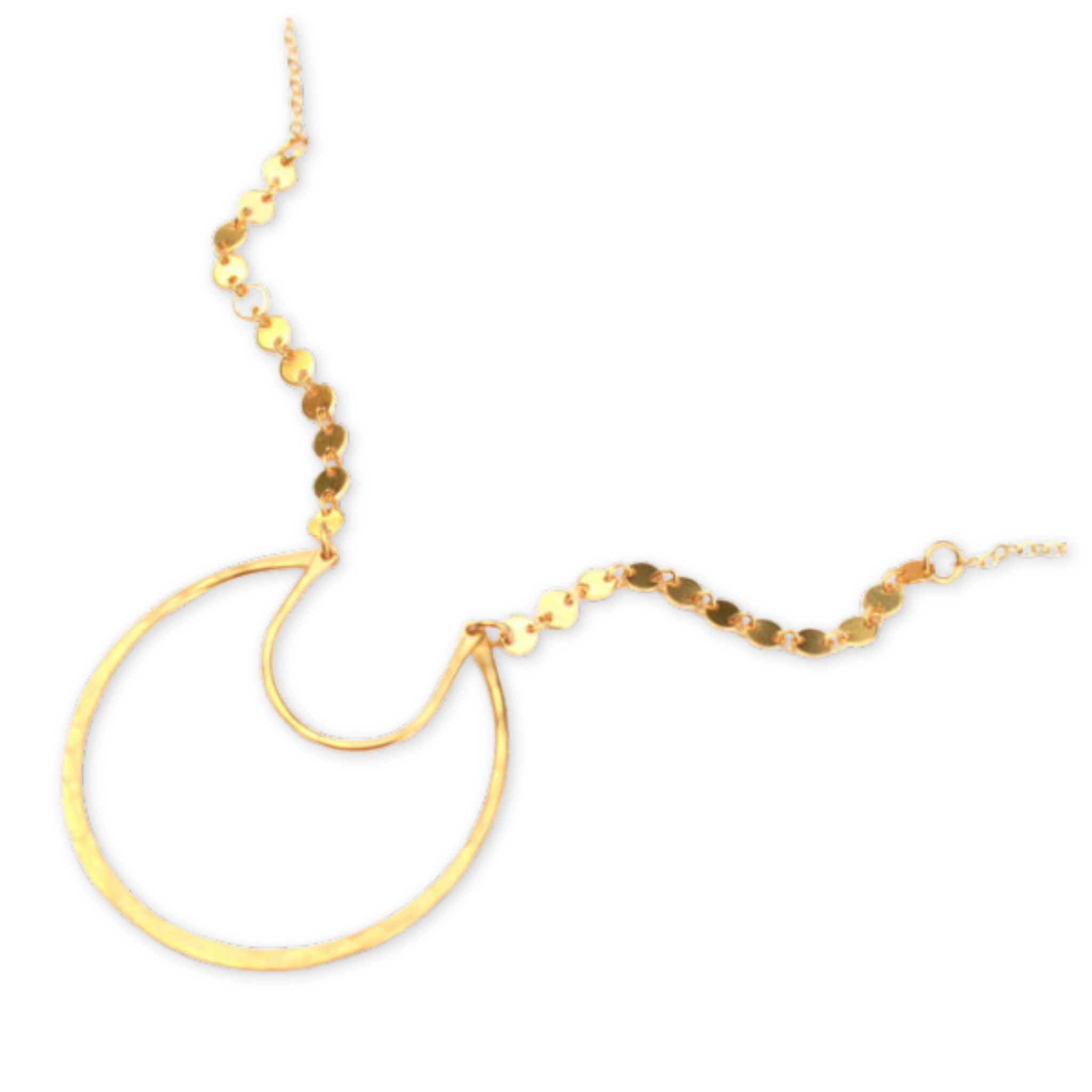 crescent moon shaped pendant hanging from a necklace chain made of tiny round discs