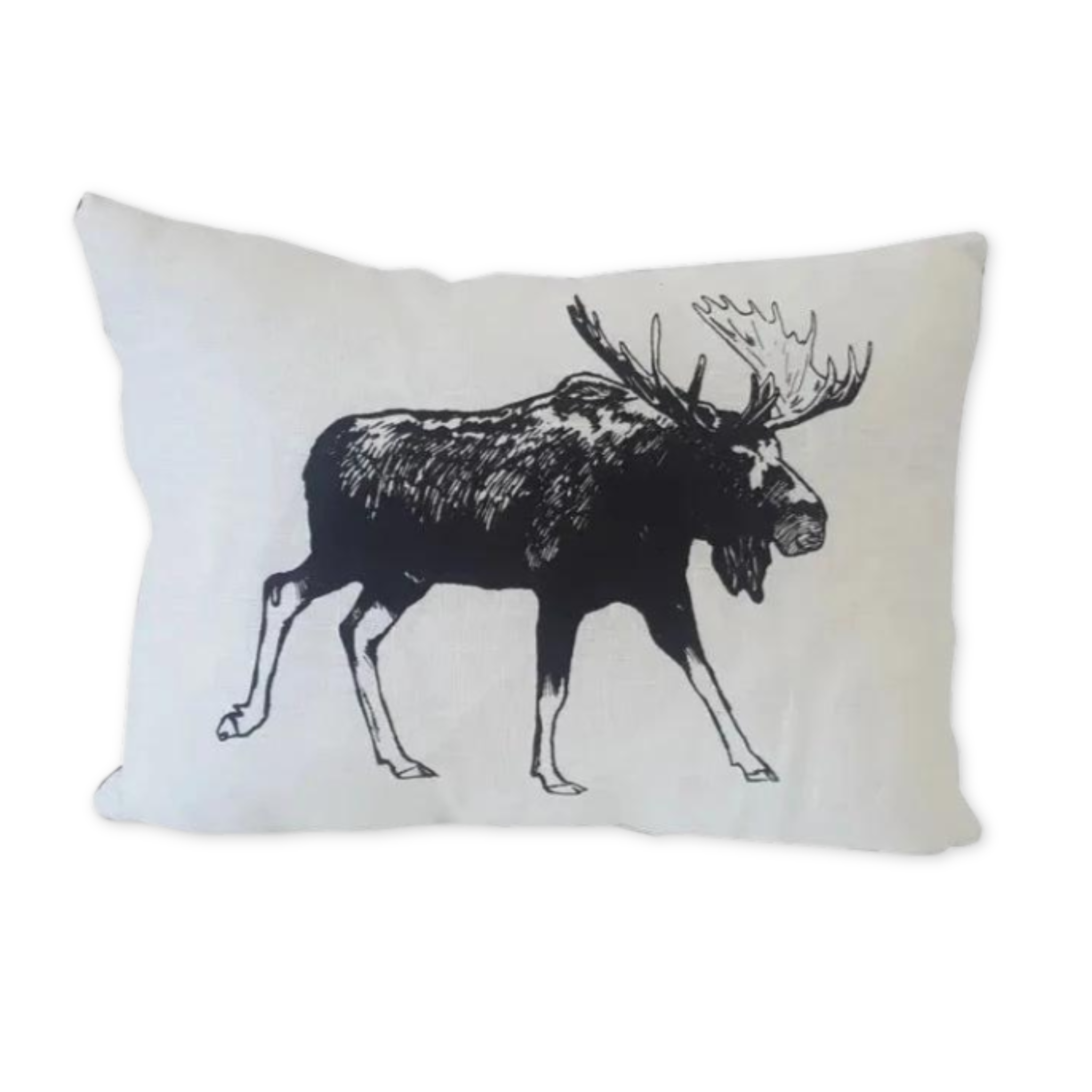 denim accent pillow with a hand drawn moose printed on the front