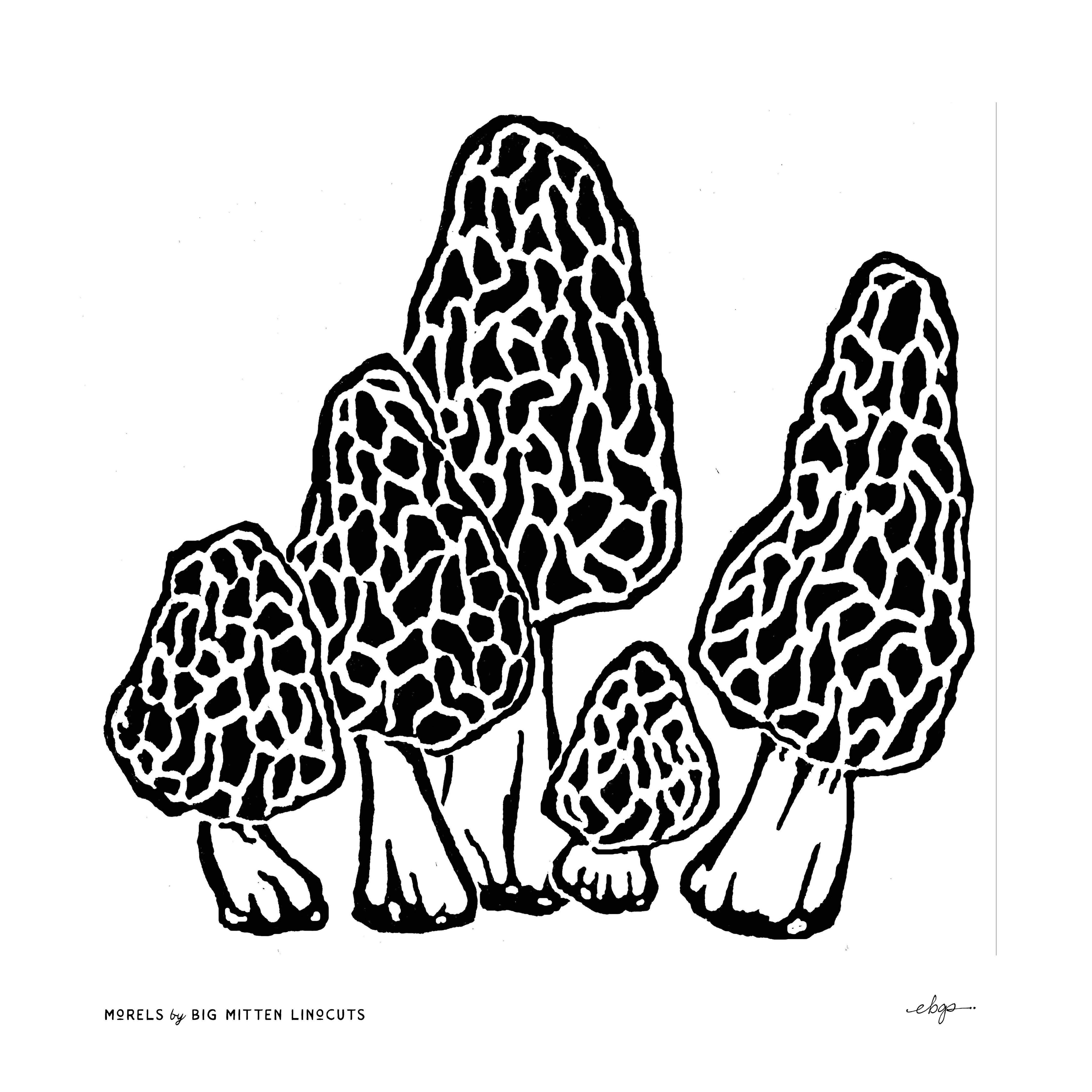 Linocut Print of Mushrooms