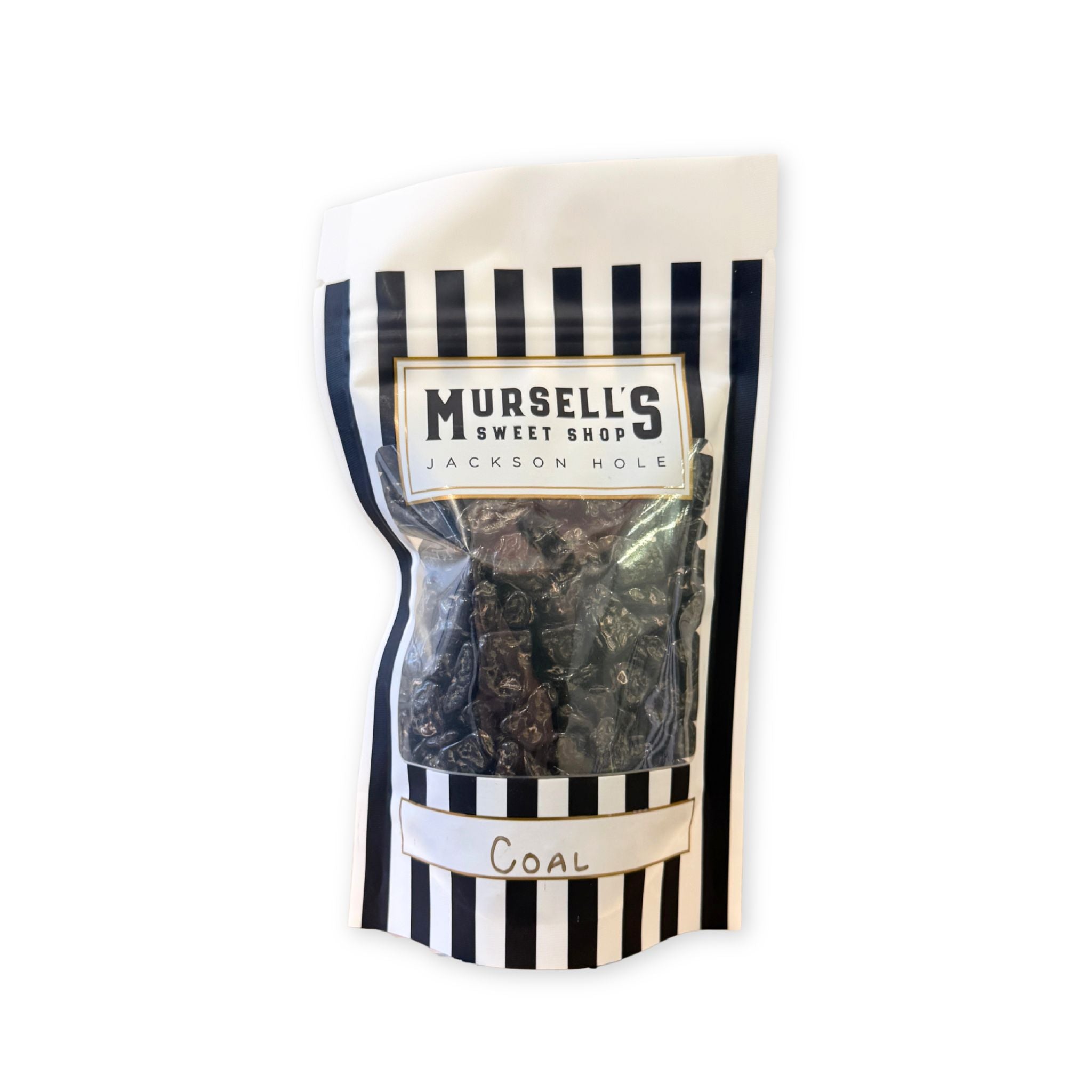 Hard candy that looks like coal in a white and blue stripped packaging.