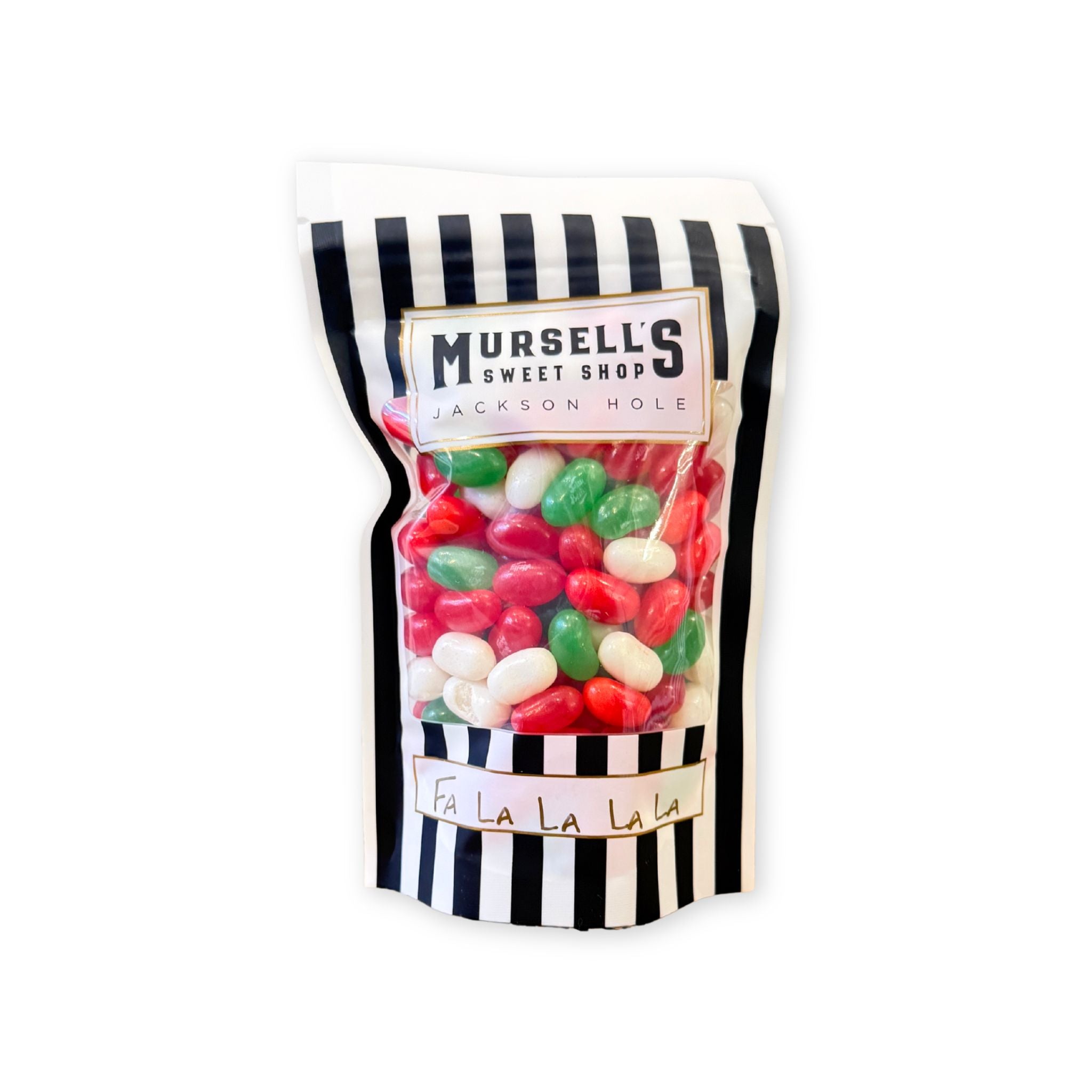 Bag of colorful jelly beans with Mursell's Sweet Shop branding on a white background