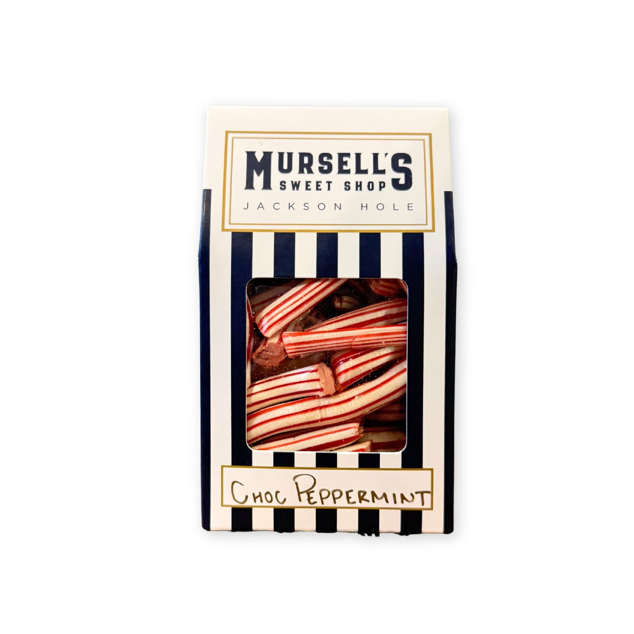 Pack of Mursell's Choc Peppermint candy with striped packaging on a white background