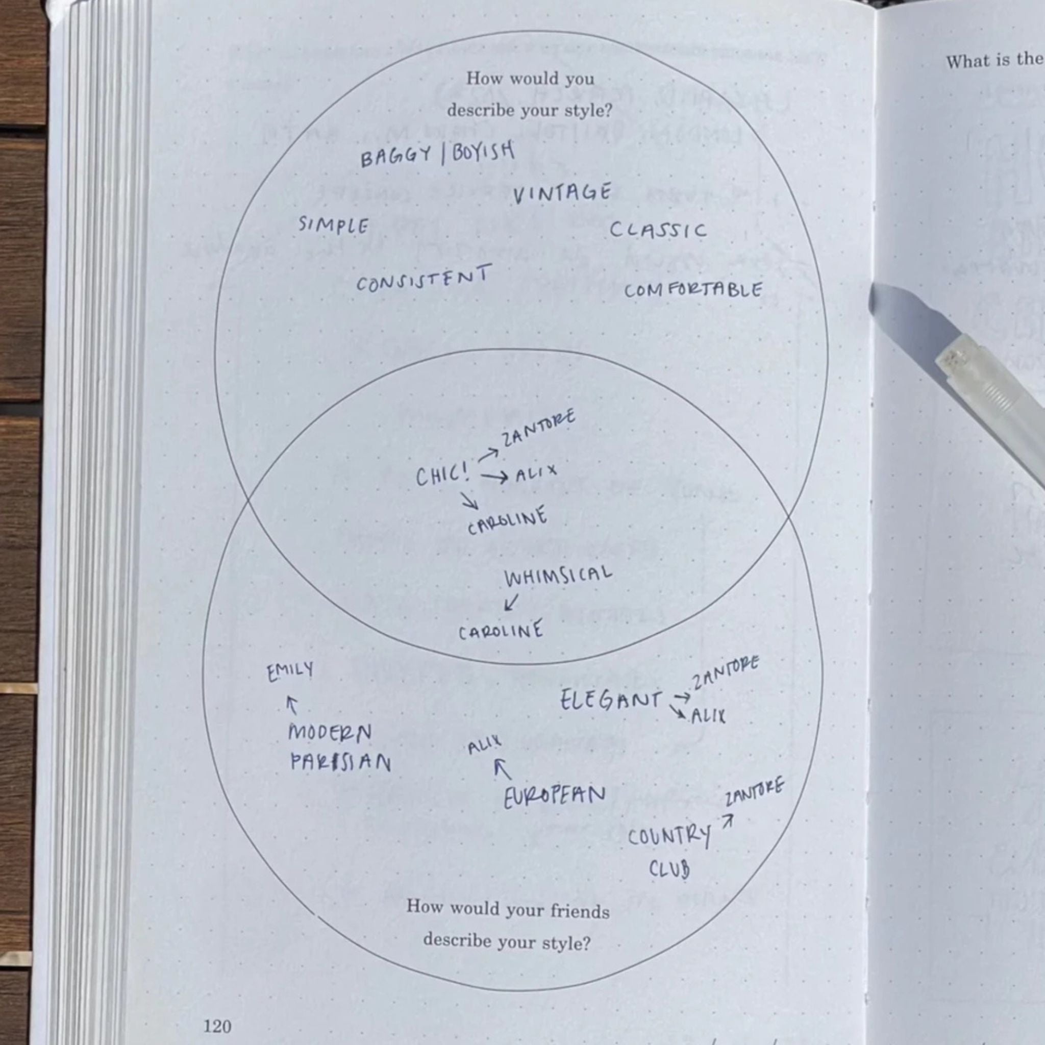 Open book with a Venn diagram on a wooden surface