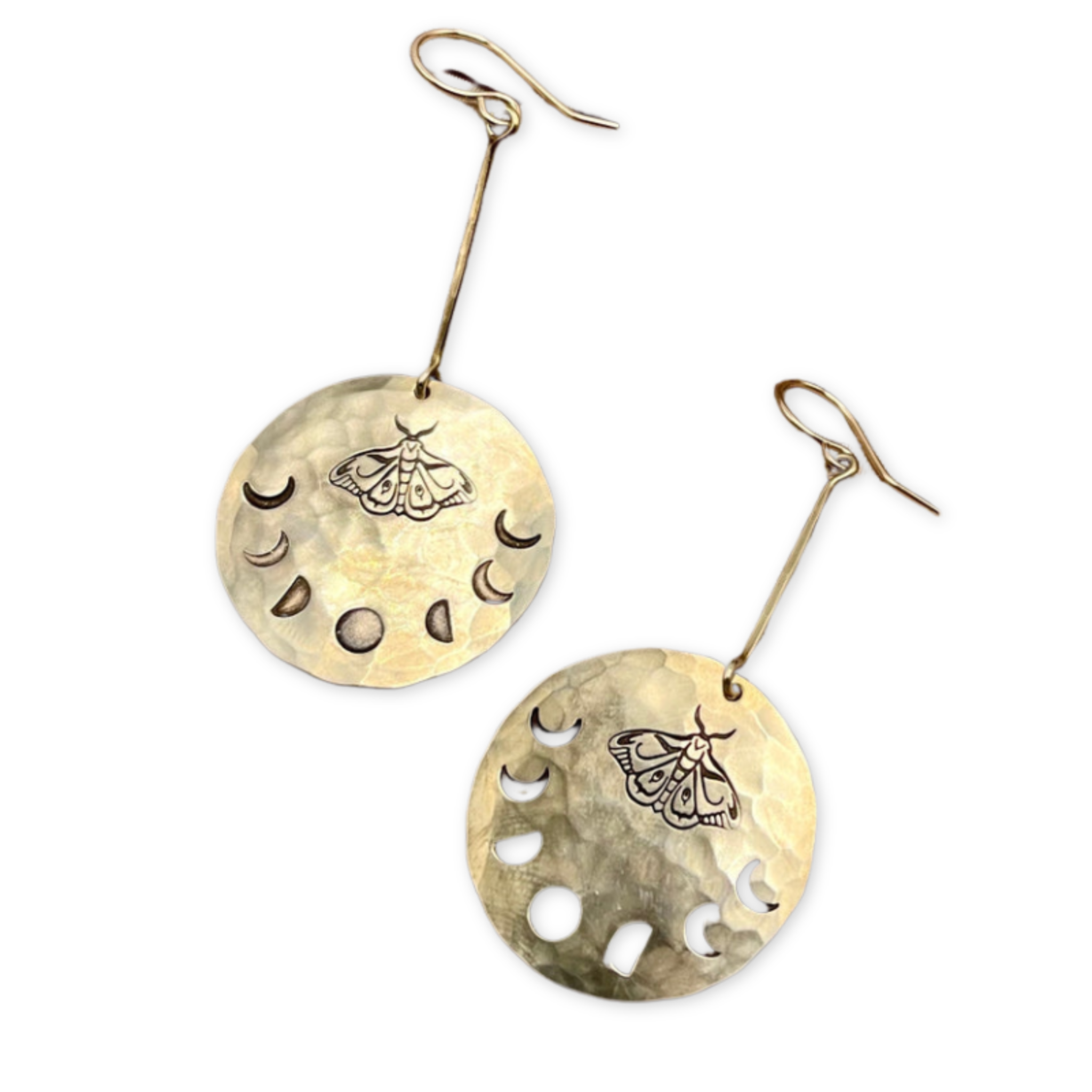 earrings with a a hammered disc with a month and moon phase