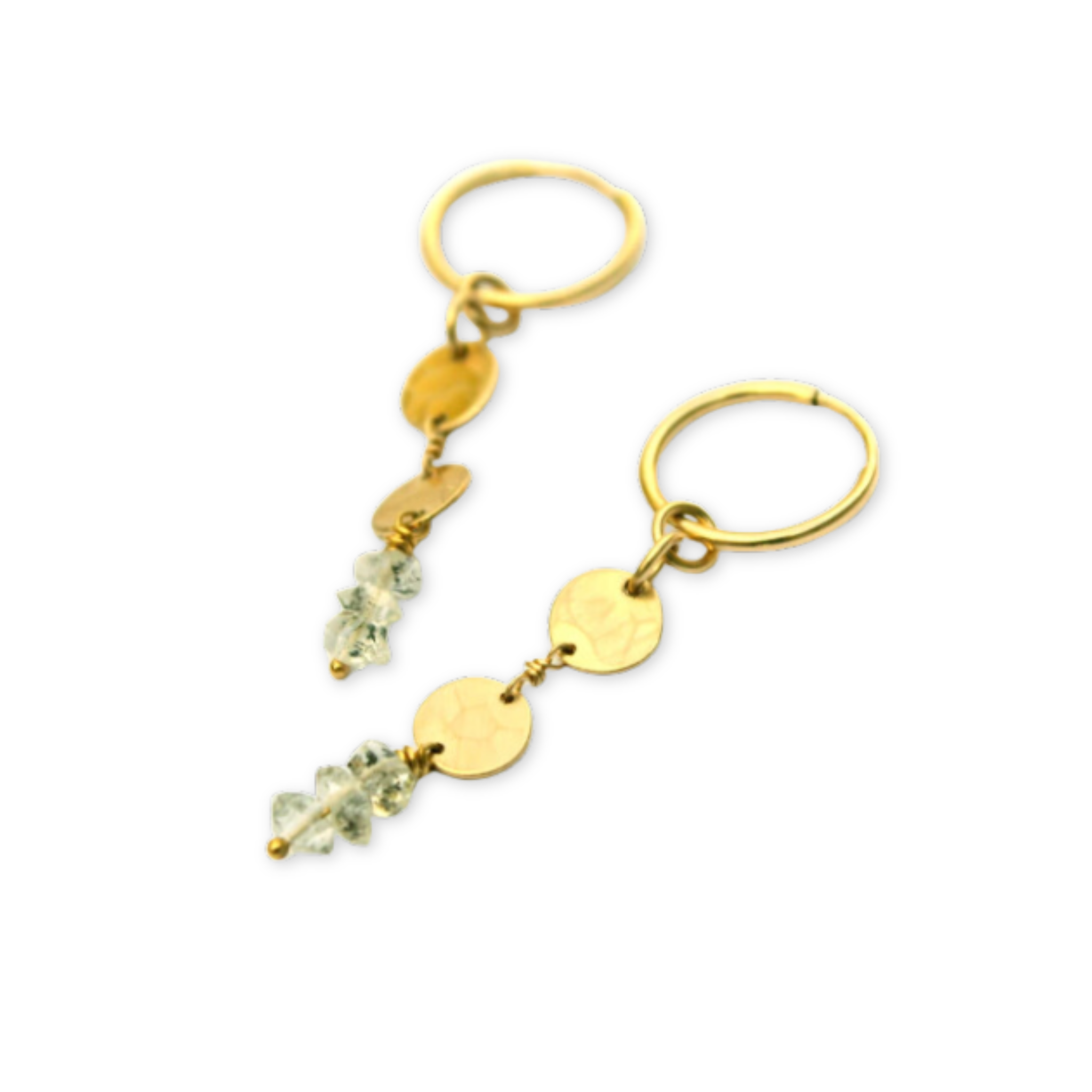 dangling earrings with two hanging small hammered discs and three herkimer stones