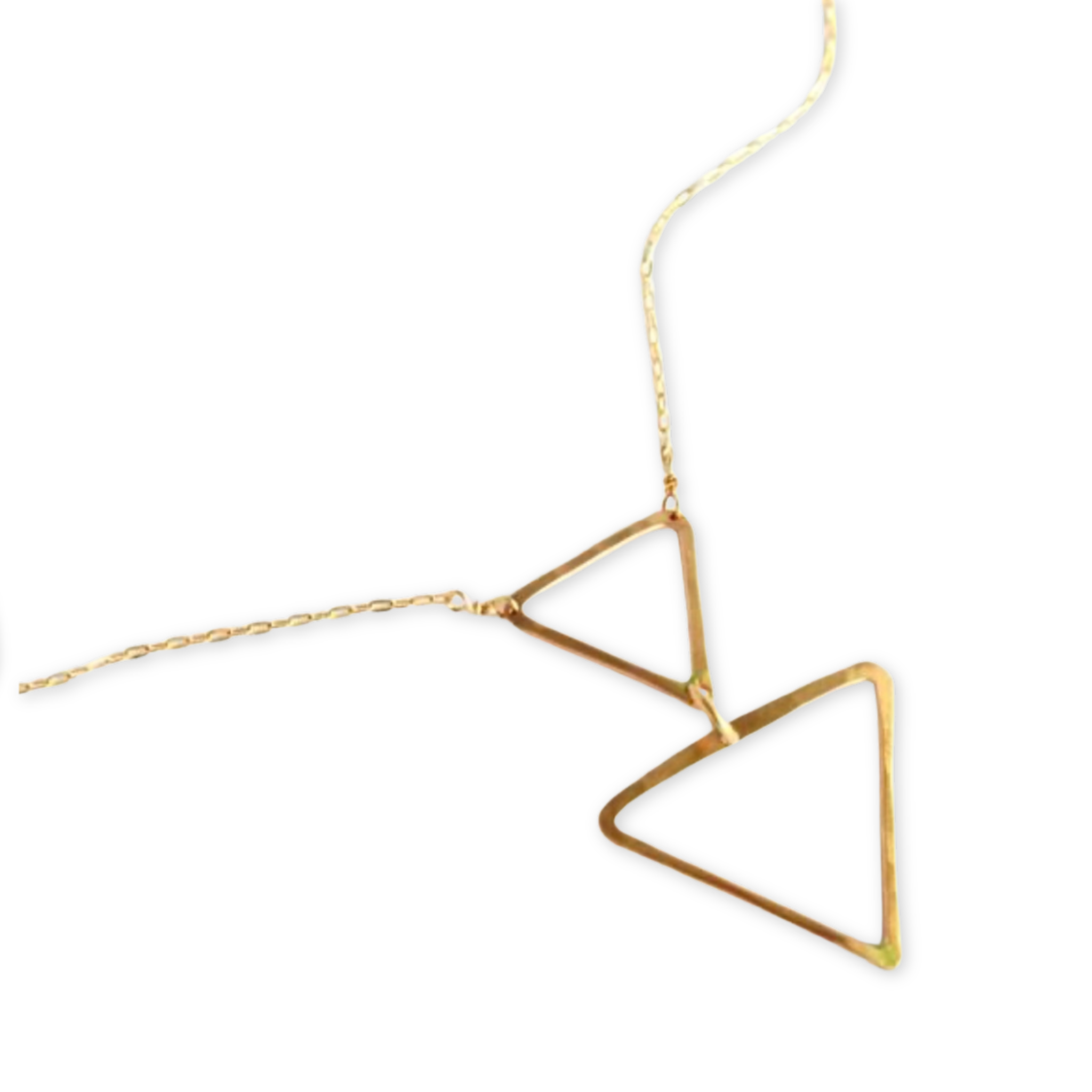 two hammered open triangle pendants hang from a dainty necklace chain