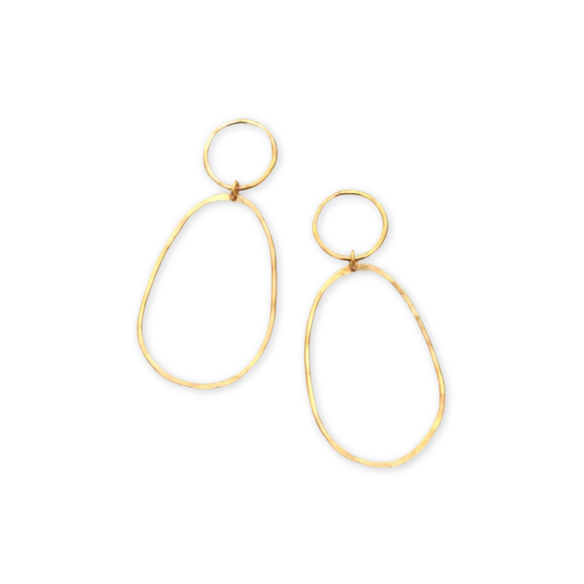 dangle earrings with a thin hammered organic oval hanging from a hammered circle