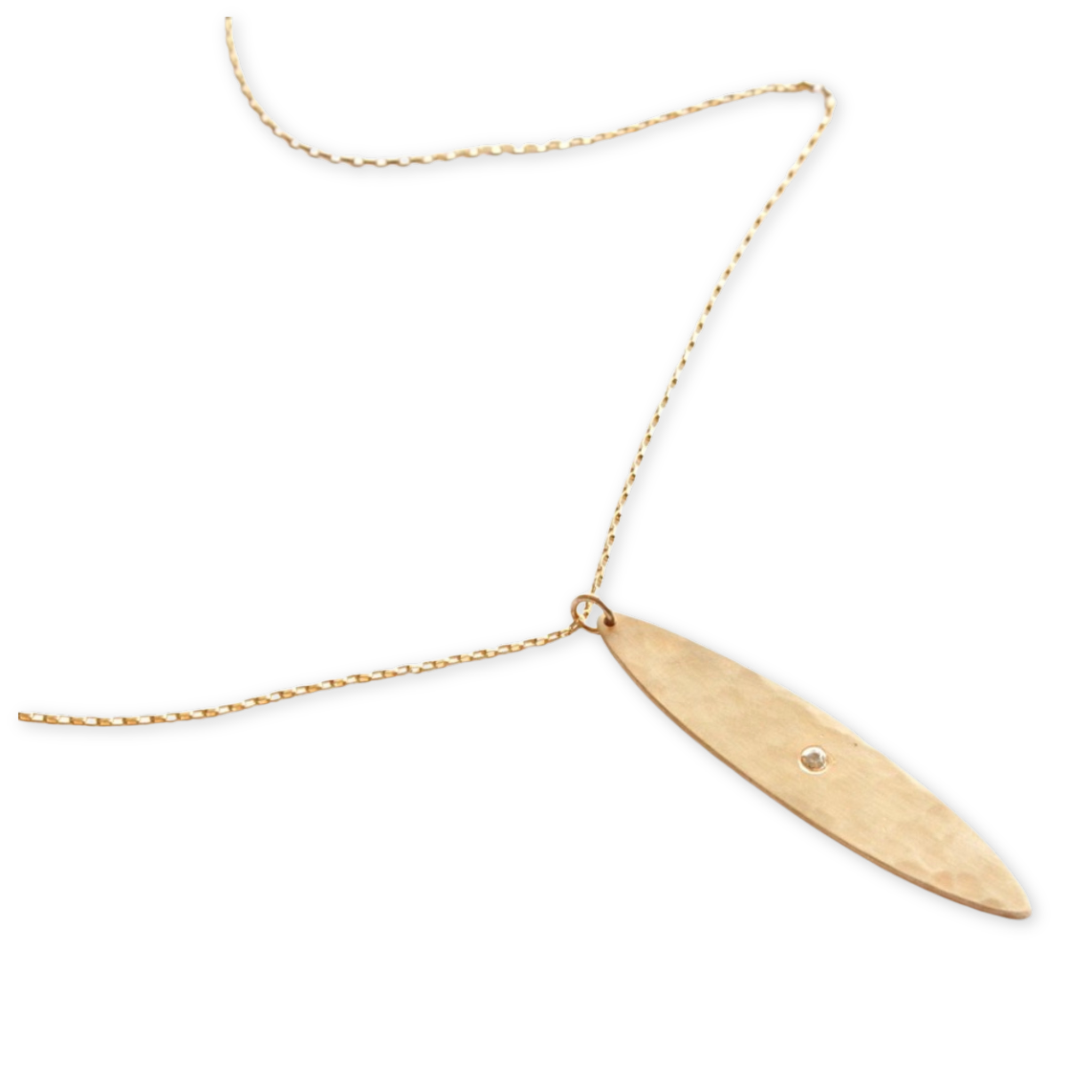 hammered long pea pod shaped pendant with a swavorksi cubic zirconia stone suspended on a delicate chain necklace
