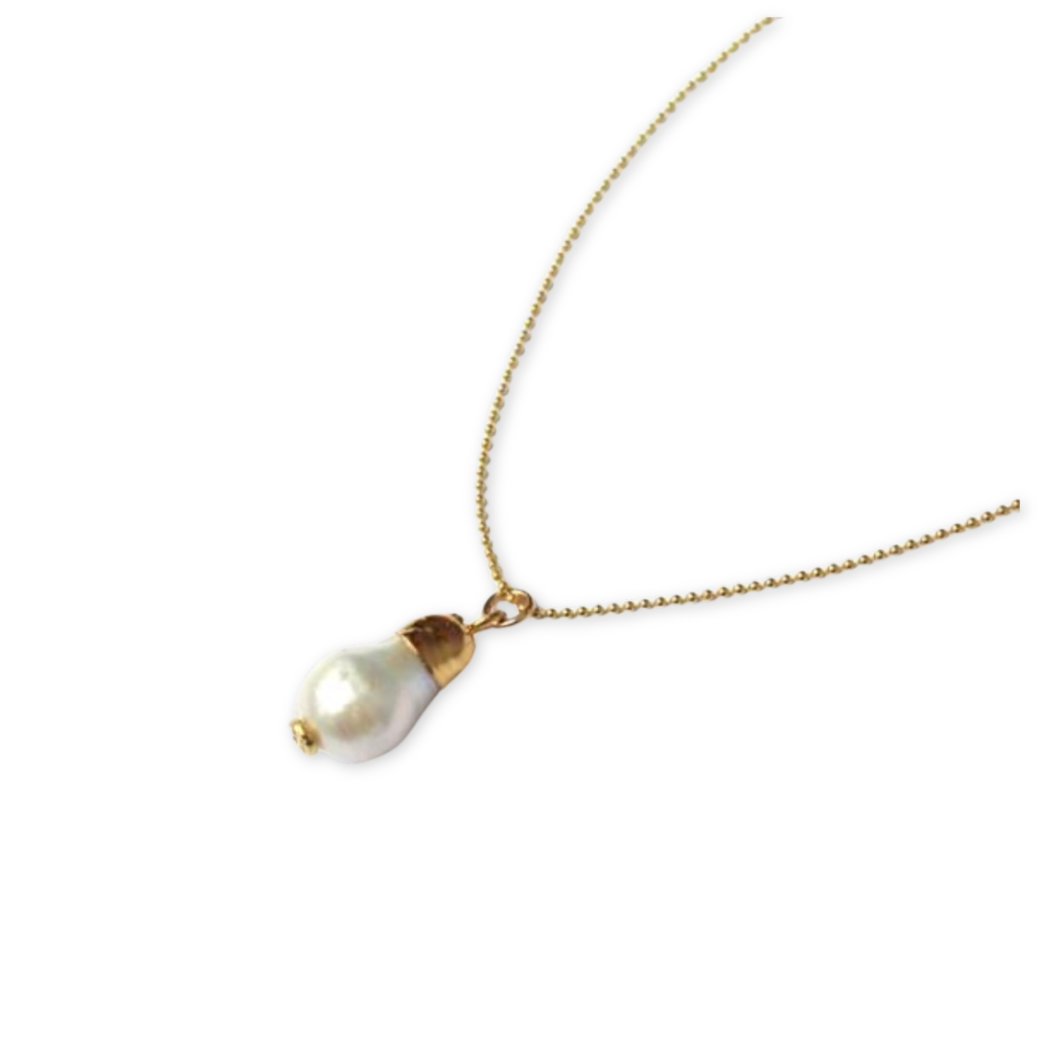 freshwater pearl pendant hanging from a thin bead chain 