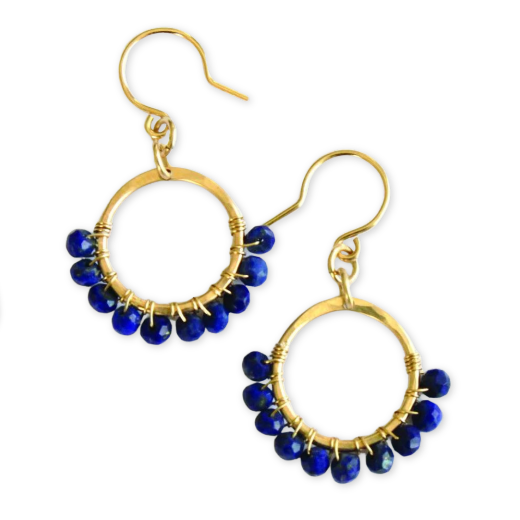 earrings with a hammered open circle pendant with wire wrapped faceted beads