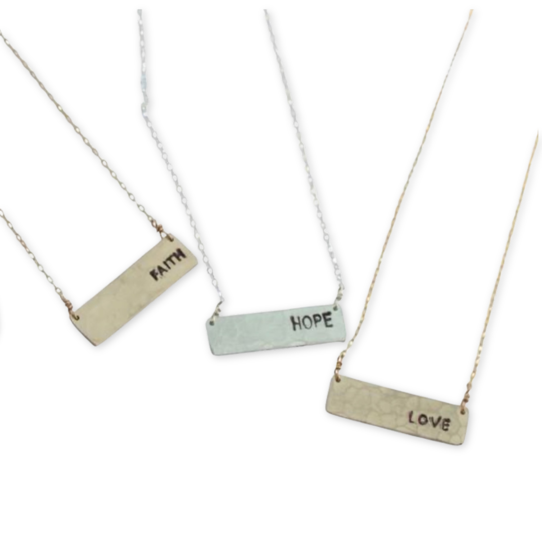delicate necklace chain with hammered rectangular pendant stamped with words