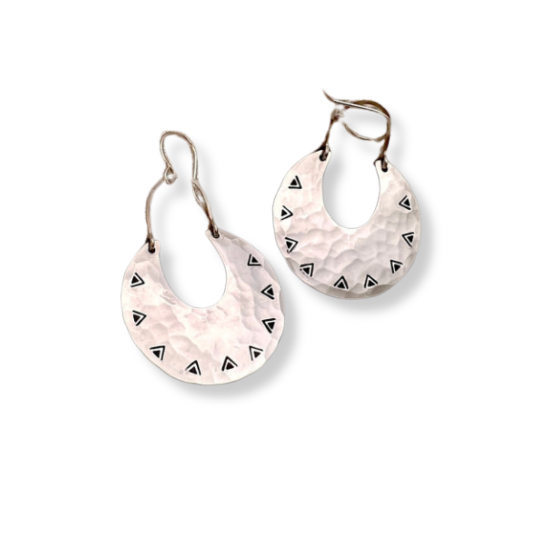 hammered rounded horseshoe shaped earrings with stamped triangle design