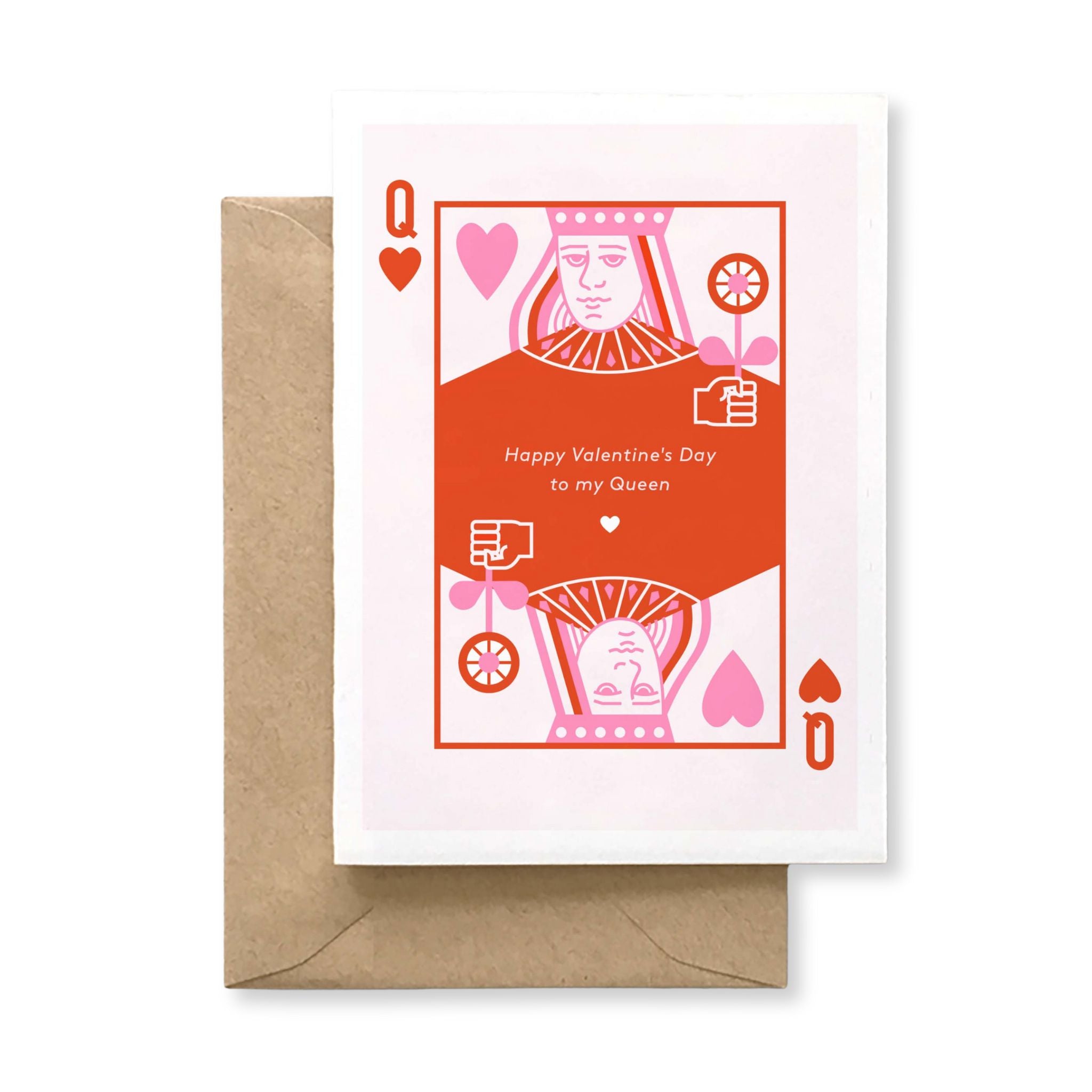 Valentine's Day card with a Queen design and 'Happy Valentine's Day to my Queen' text, accompanied by a brown envelope.