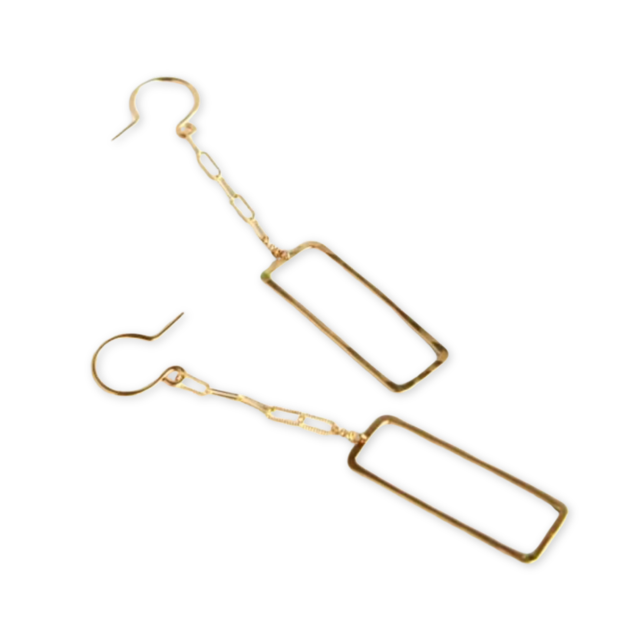 delicate rectangle cutout pendants hanging from a simple rectangular chain and ear wirend