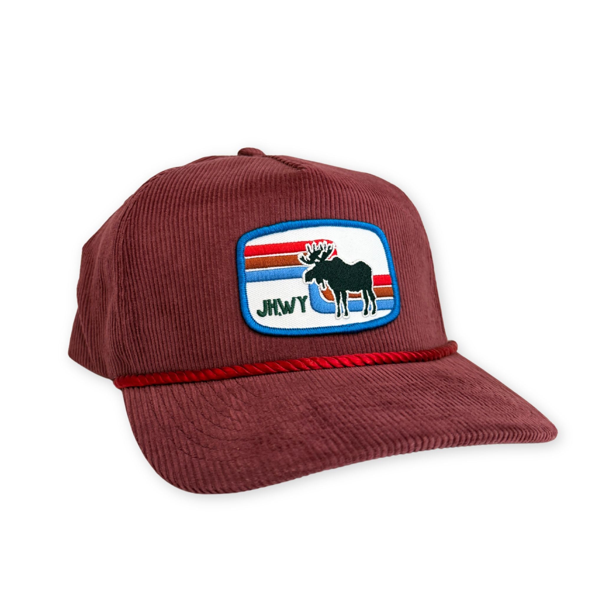 Maroon cap with a colorful patch featuring a moose logo on a white background
