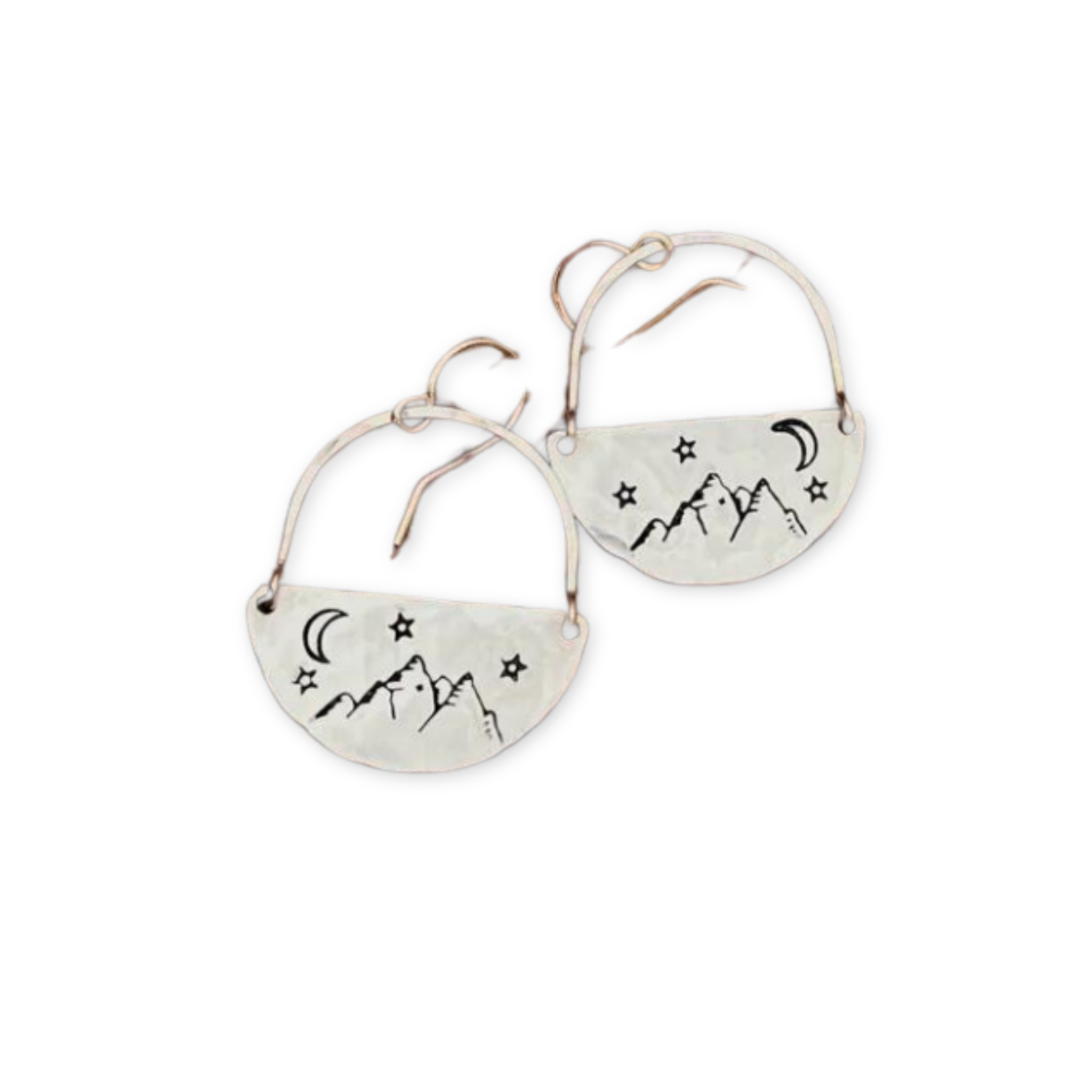 earrings with a mountain range stamped on a half circle pendant and hanging from a hammered arch