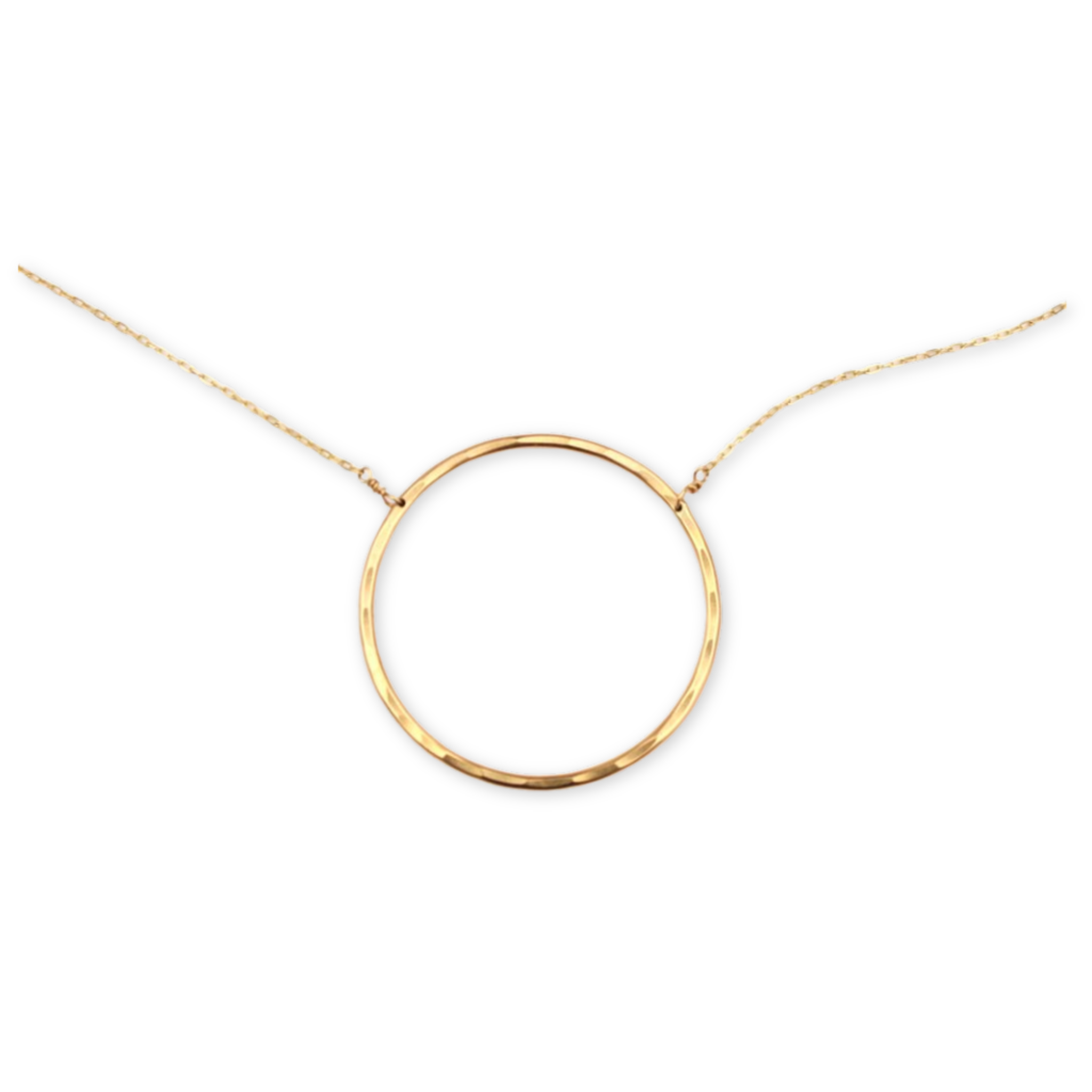 round hammered circle pendant handing on delicate chain necklace
