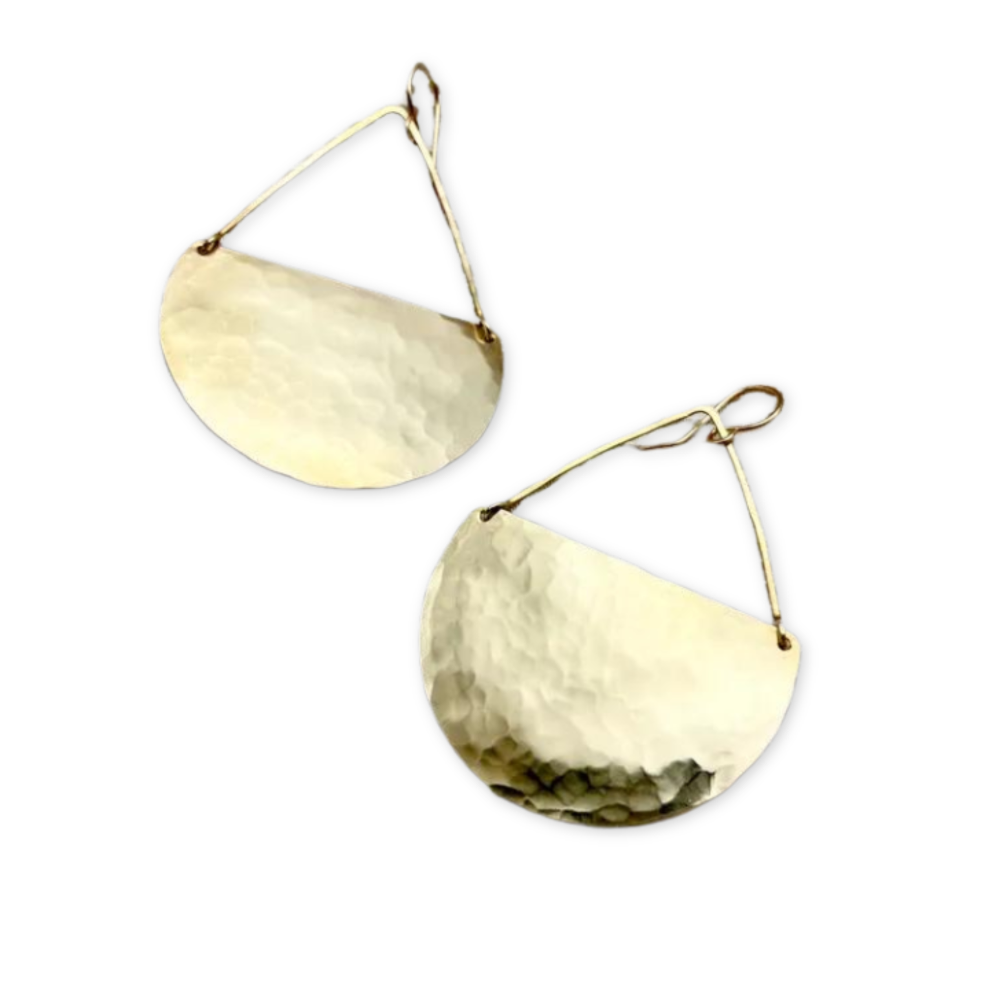 earrings featuring a hammered half circle pendant hanging from a triangle wire 