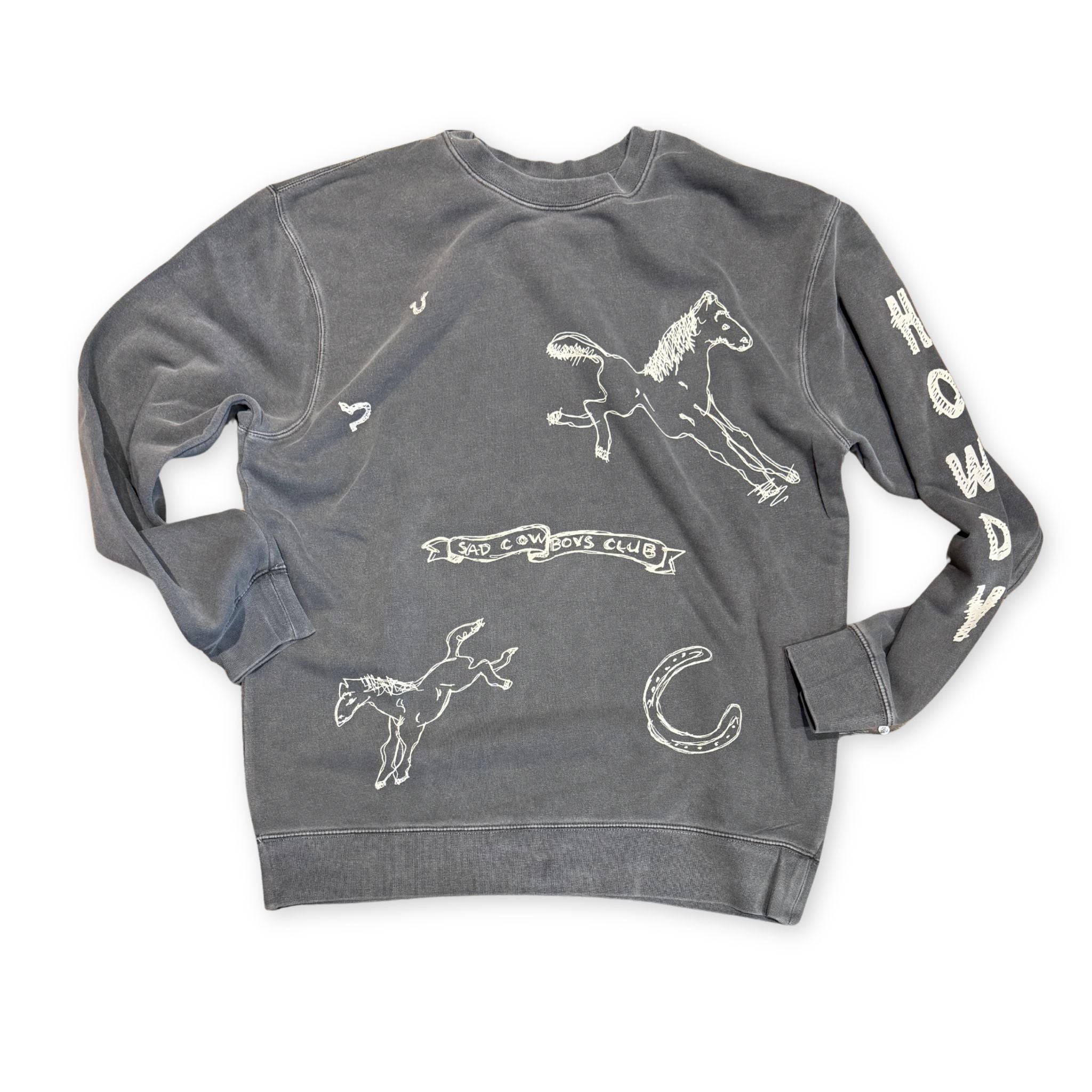 Gray sweatshirt with white horse graphics and text on a white background