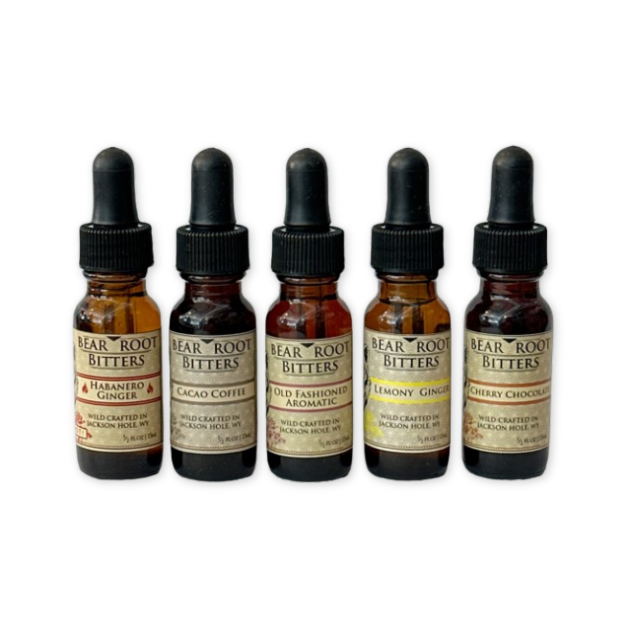 sample pack of five different flavored bitters made in jackson hole