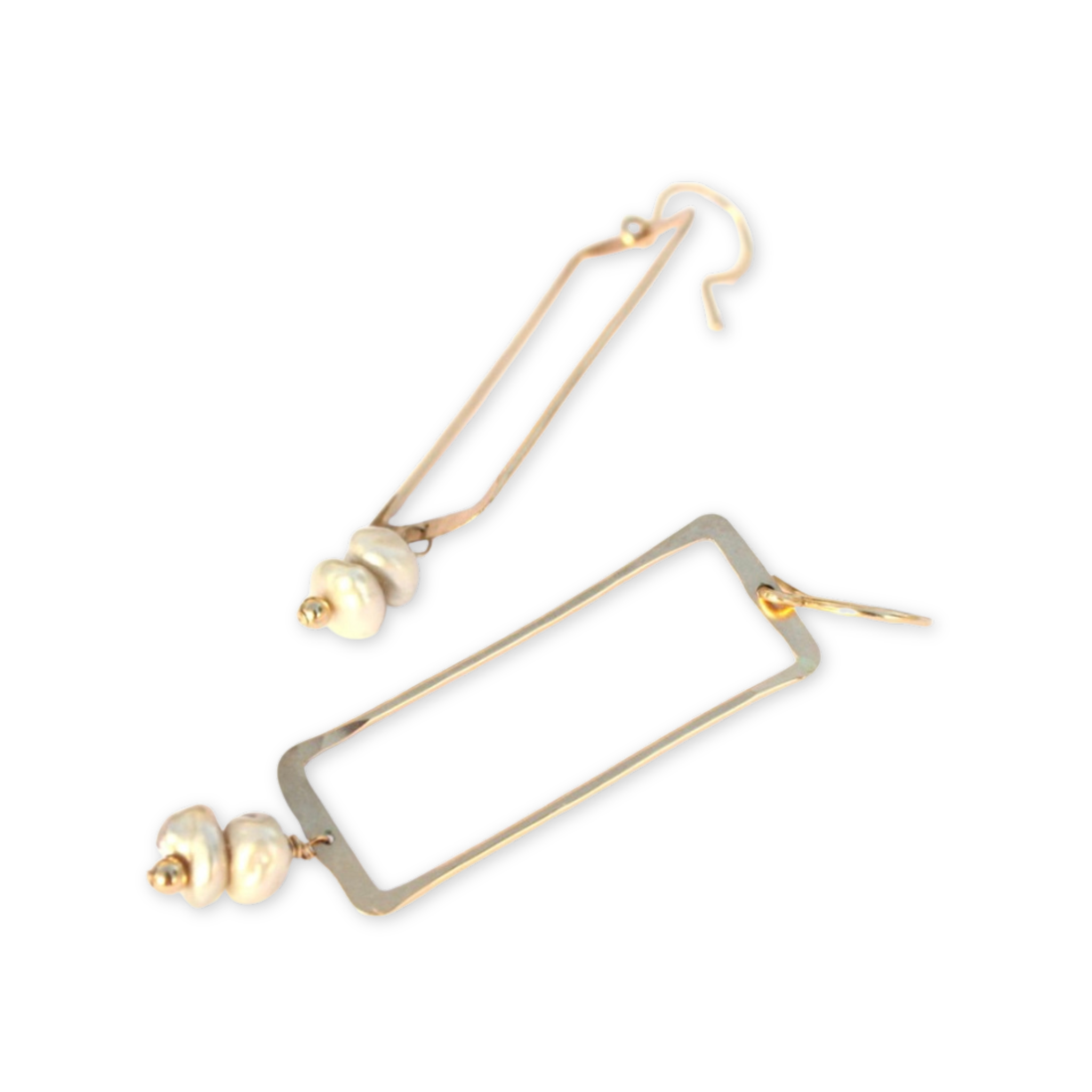earrings with open hammered rectangle and hanging pearls