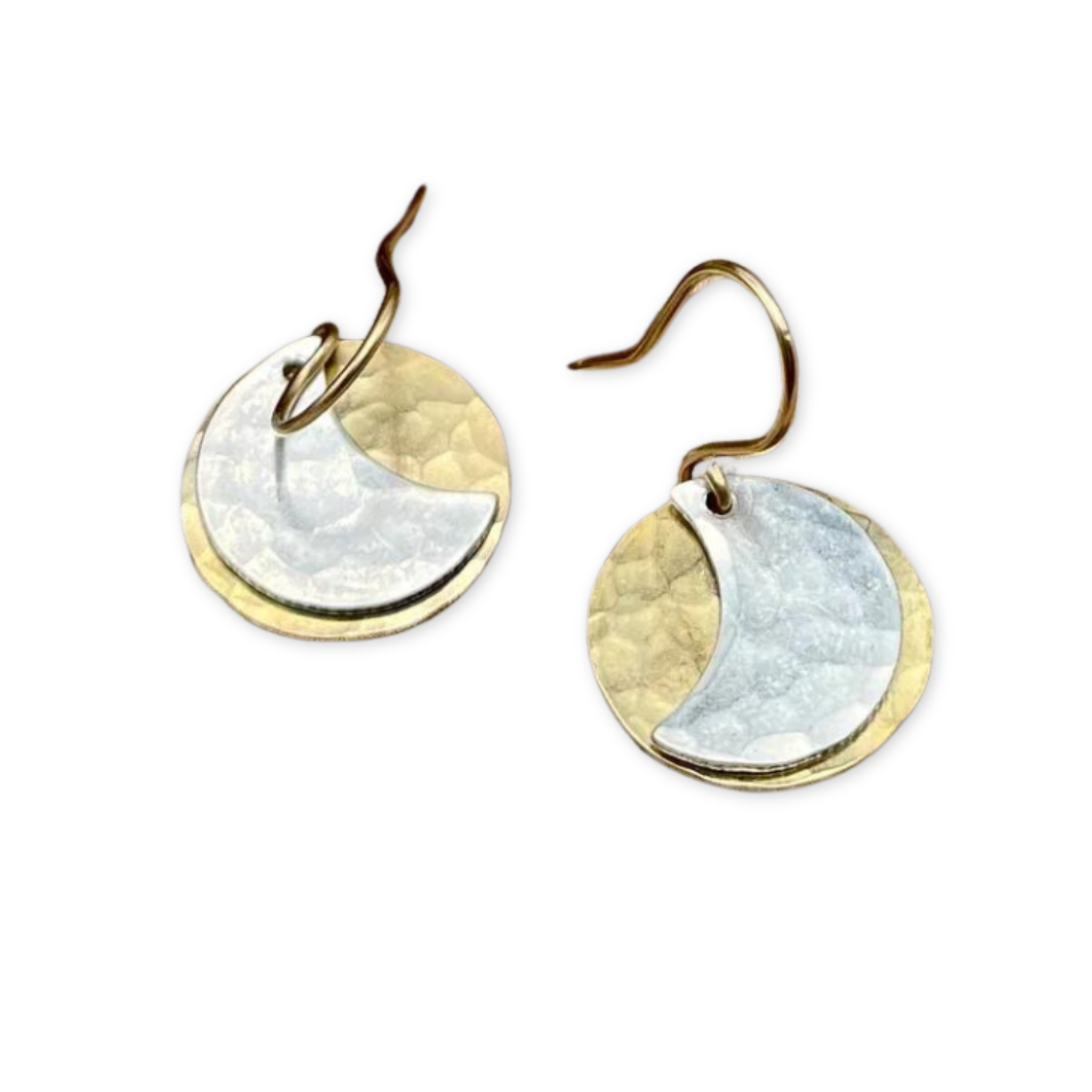 layered earrings with a hammered round disc and a hammered crescent moon